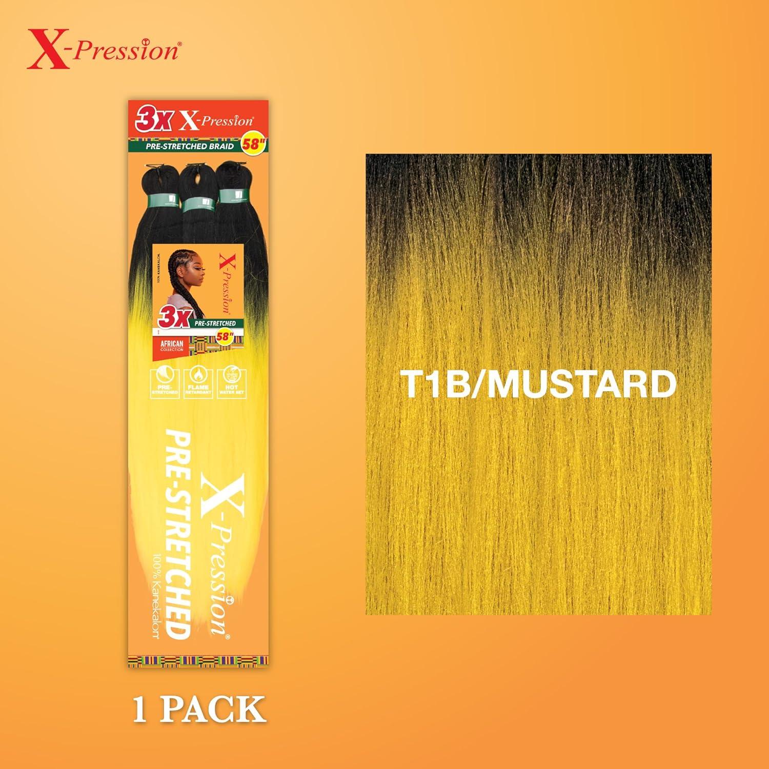 imageSensationnel Xpression prestretched braiding hair 3x braid 58 inch all kanekalon flame retardant synthetic braid for box braids and twists 1 pack 1 JETBLACKT1BMUSTARD