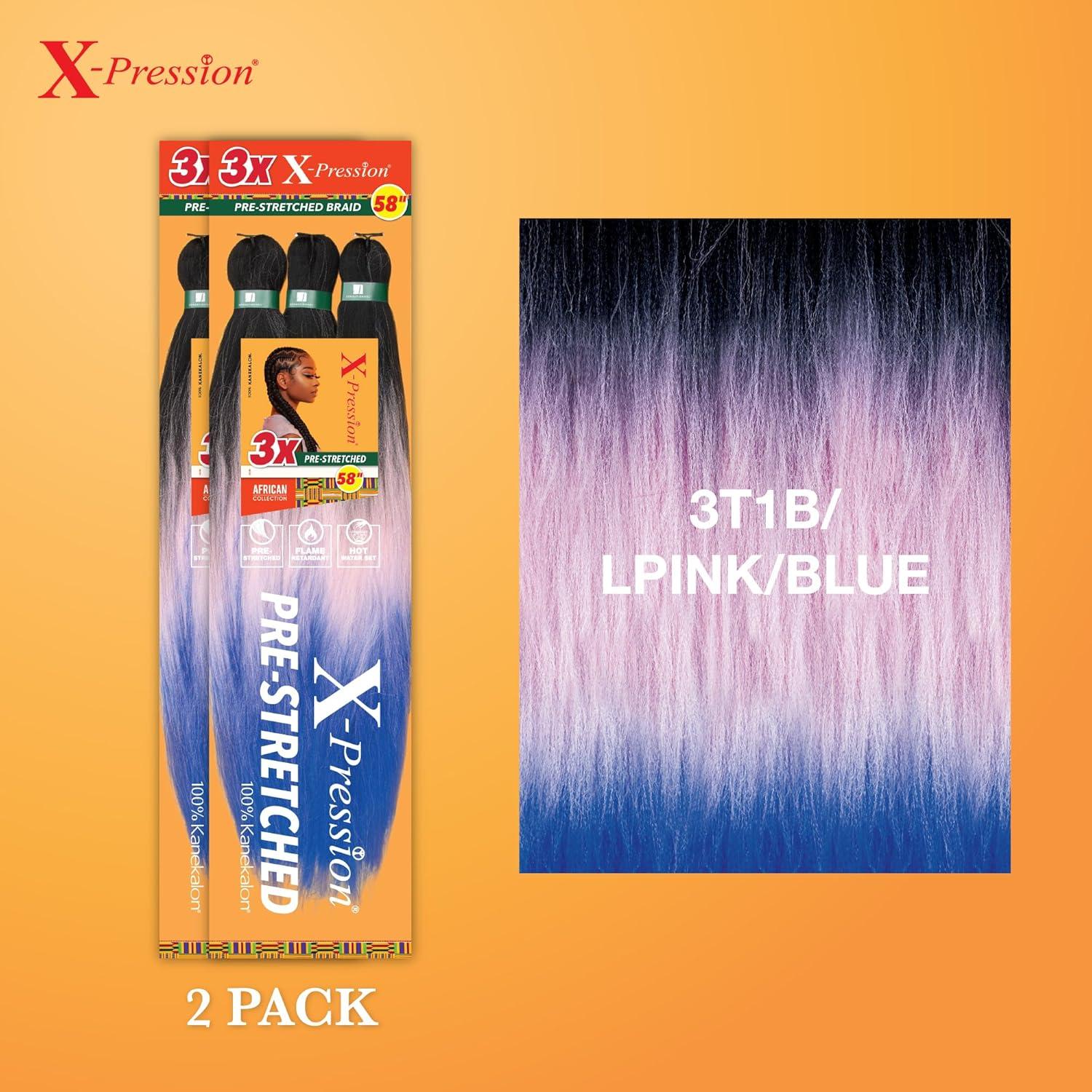 imageSensationnel Xpression prestretched braiding hair 3x braid 58 inch all kanekalon flame retardant synthetic braid for box braids and twists 1 pack 1 JETBLACK3T1BLPINKBLUE