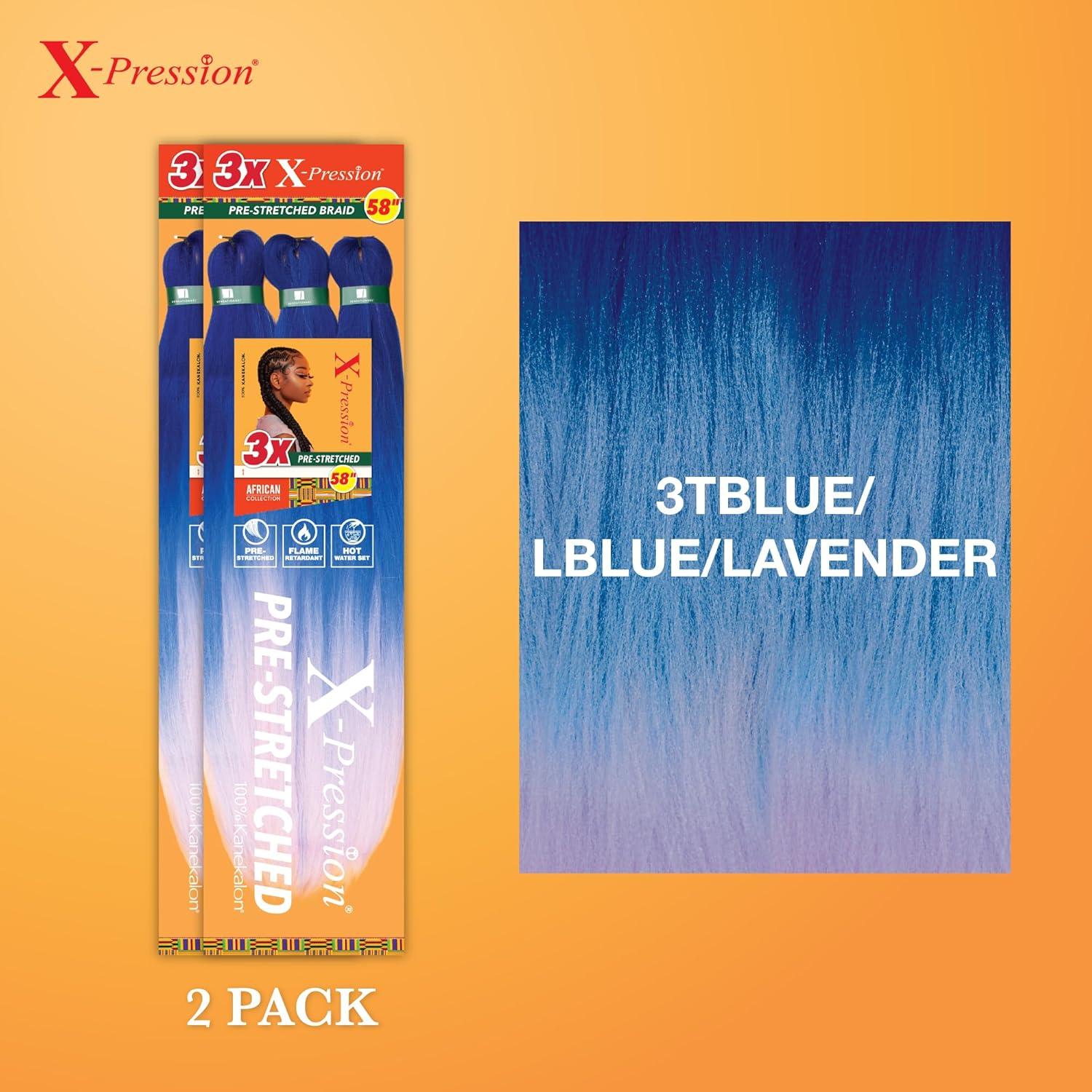 imageSensationnel Xpression prestretched braiding hair 3x braid 58 inch all kanekalon flame retardant synthetic braid for box braids and twists 1 pack 1 JETBLACK3TBLUELBLUELAVENDE