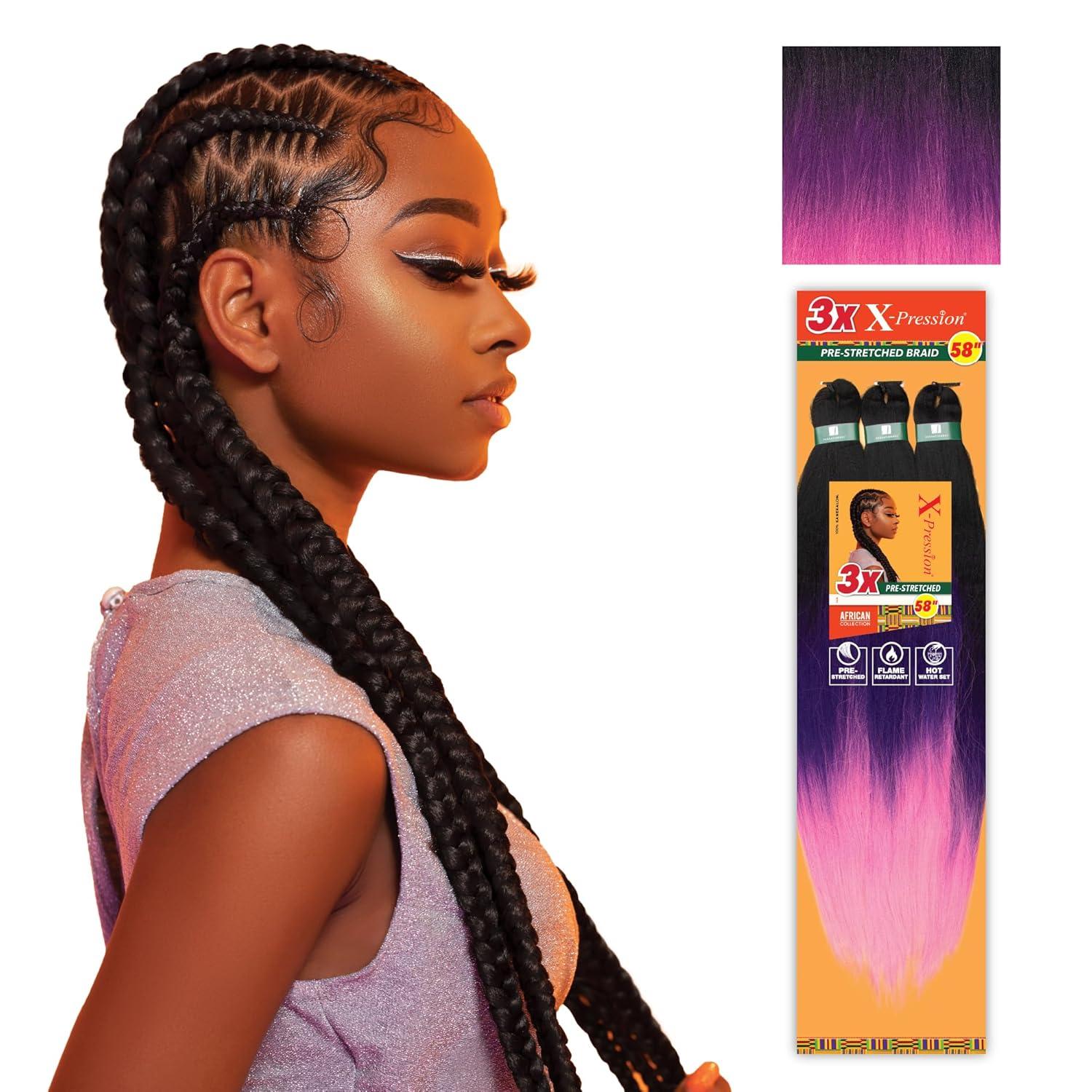 imageSensationnel Xpression prestretched braiding hair 3x braid 58 inch all kanekalon flame retardant synthetic braid for box braids and twists 1 pack 1 JETBLACK3T1BPURPLEPINK