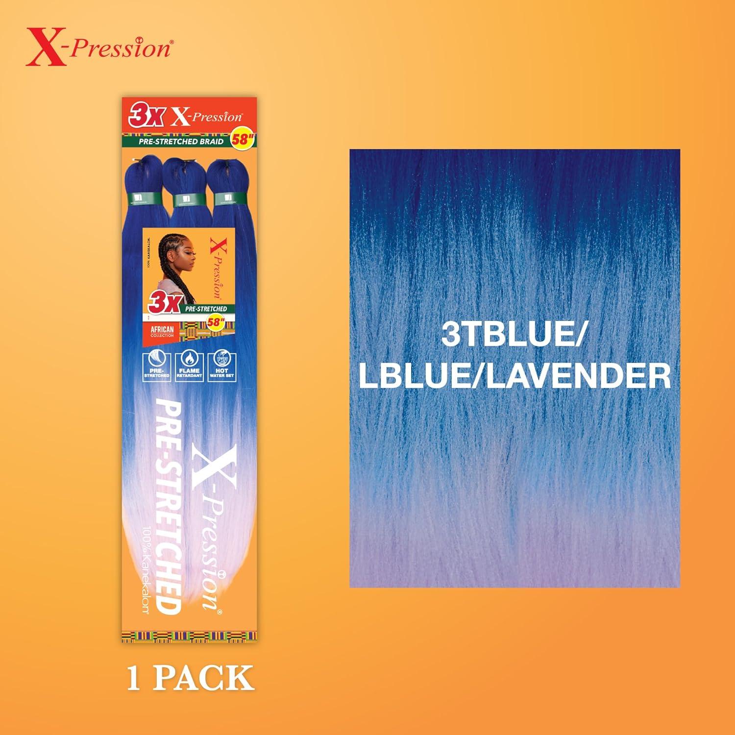 imageSensationnel Xpression prestretched braiding hair 3x braid 58 inch all kanekalon flame retardant synthetic braid for box braids and twists 1 pack 1 JETBLACK3TBLUELBLUELAVENDE