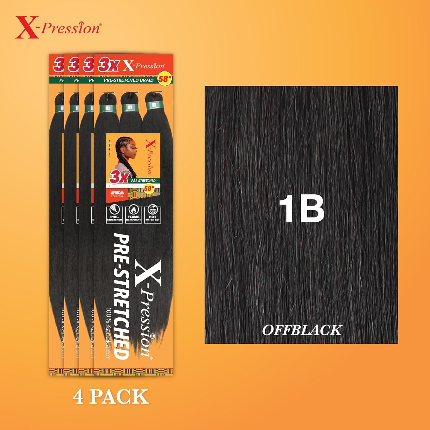 imageSensationnel Xpression prestretched braiding hair 3x braid 58 inch all kanekalon flame retardant synthetic braid for box braids and twists 1 pack 1 JETBLACK1B OFFBLACK