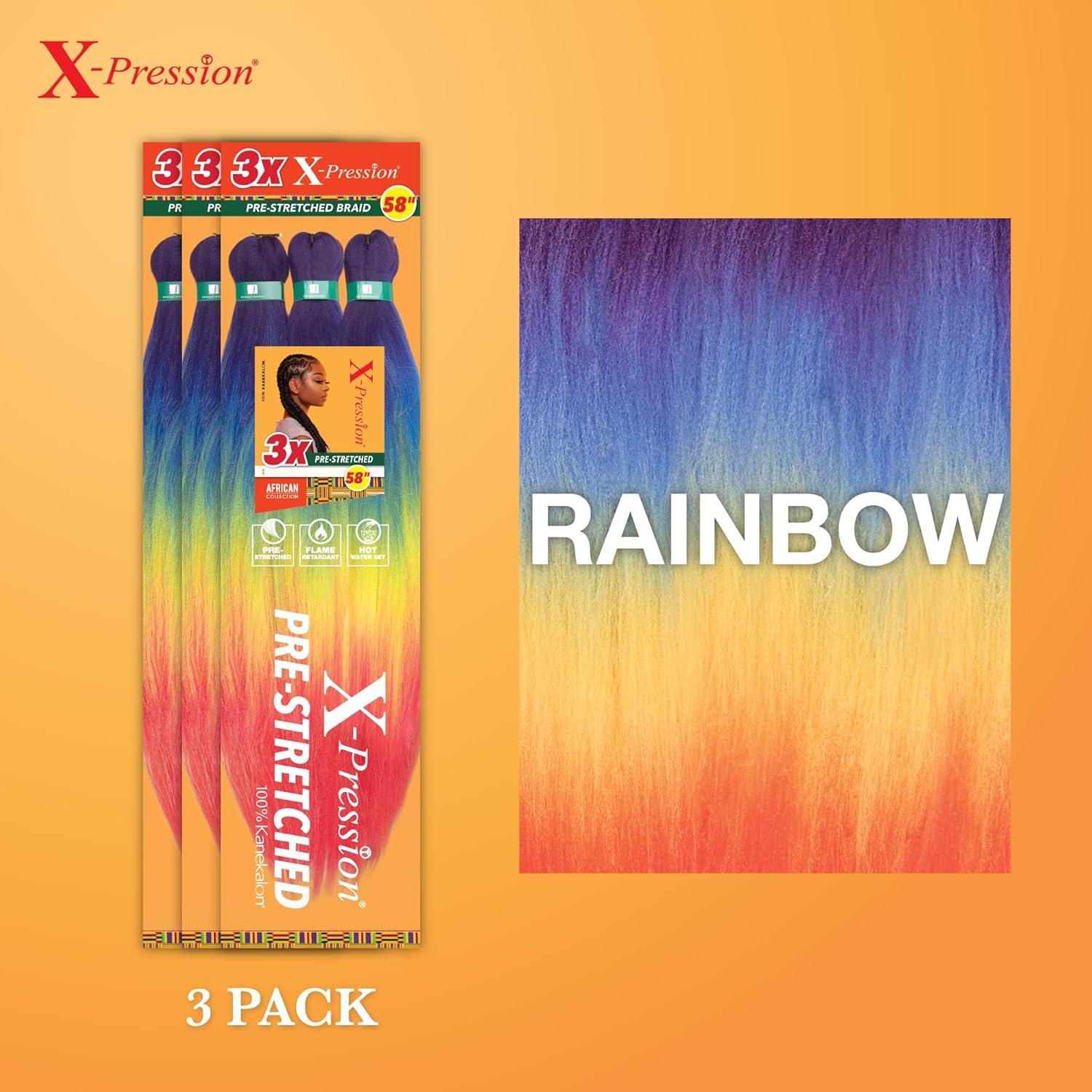 imageSensationnel Xpression prestretched braiding hair 3x braid 58 inch all kanekalon flame retardant synthetic braid for box braids and twists 1 pack 1 JETBLACKRAINBOW