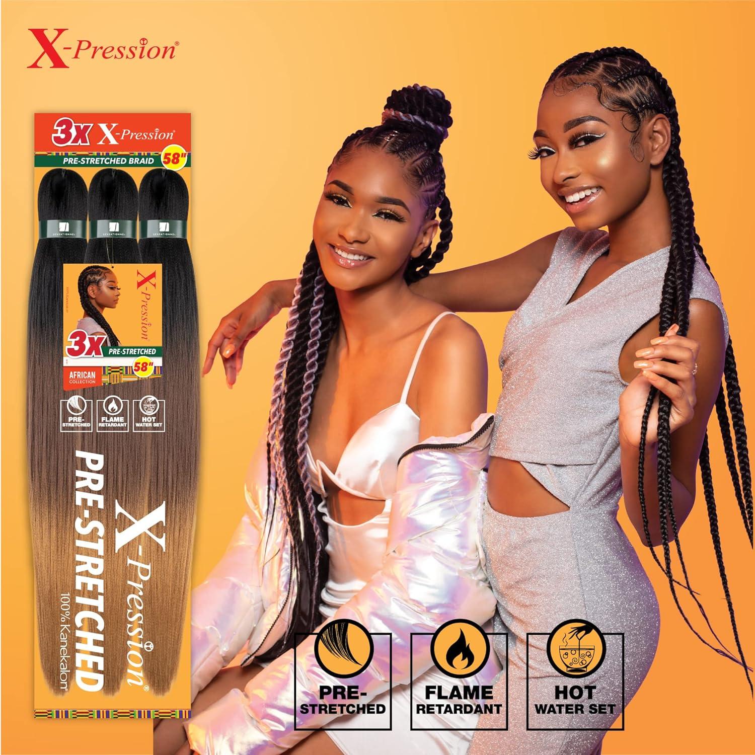 imageSensationnel Xpression prestretched braiding hair 3x braid 58 inch all kanekalon flame retardant synthetic braid for box braids and twists 1 pack 1 JETBLACKPURPLE