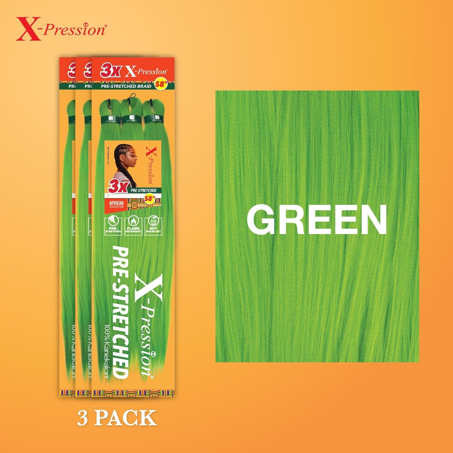 imageSensationnel Xpression prestretched braiding hair 3x braid 58 inch all kanekalon flame retardant synthetic braid for box braids and twists 1 pack 1 JETBLACKGREEN