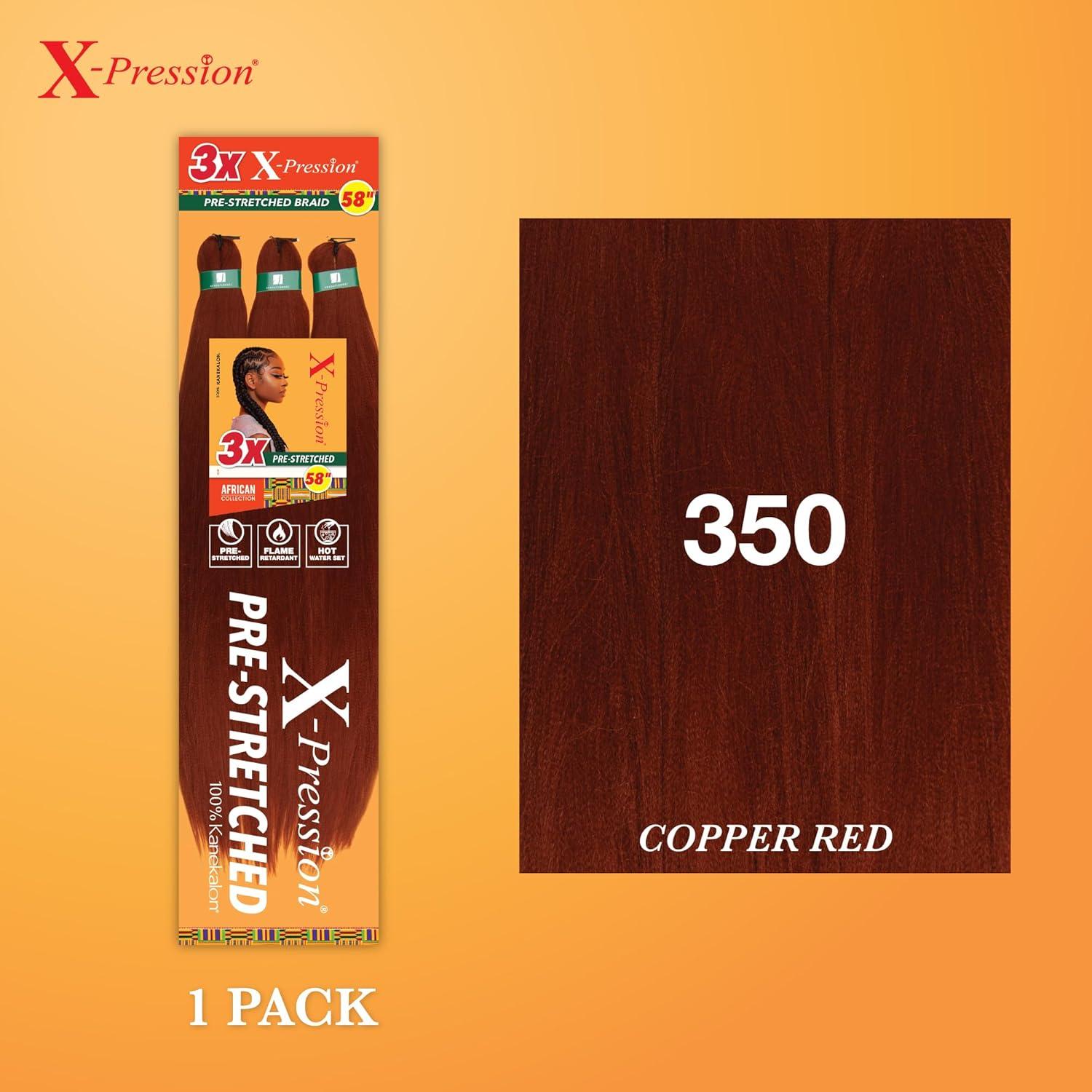 imageSensationnel Xpression prestretched braiding hair 3x braid 58 inch all kanekalon flame retardant synthetic braid for box braids and twists 1 pack 1 JETBLACK350 COPPERRED
