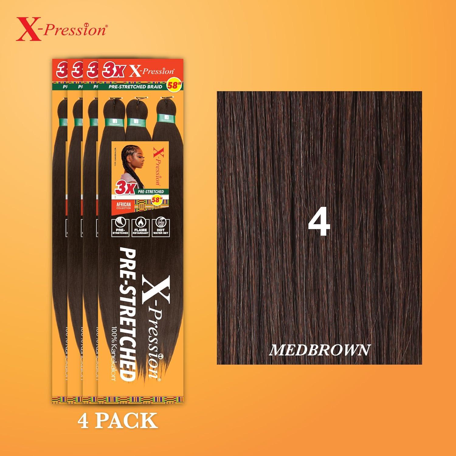 imageSensationnel Xpression prestretched braiding hair 3x braid 58 inch all kanekalon flame retardant synthetic braid for box braids and twists 1 pack 1 JETBLACK4 MEDBROWN