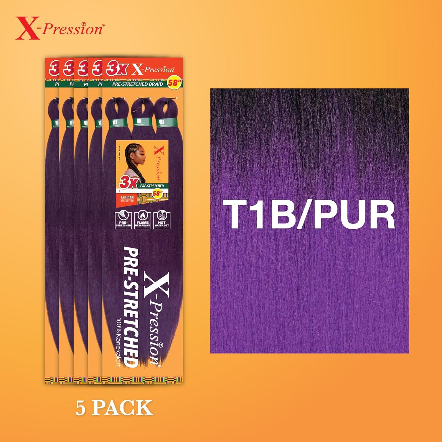 imageSensationnel Xpression prestretched braiding hair 3x braid 58 inch all kanekalon flame retardant synthetic braid for box braids and twists 1 pack 1 JETBLACKT1BPUR