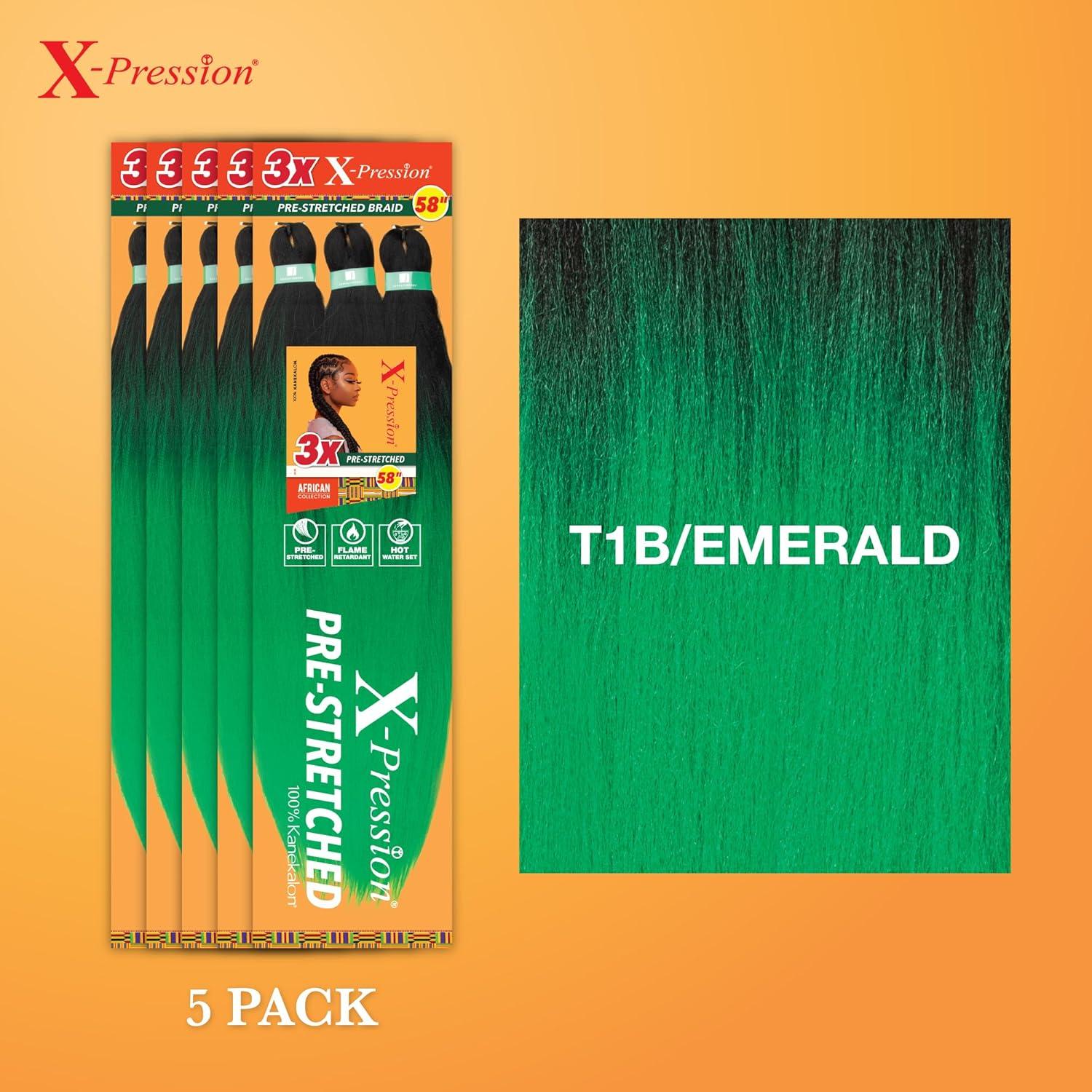 imageSensationnel Xpression prestretched braiding hair 3x braid 58 inch all kanekalon flame retardant synthetic braid for box braids and twists 1 pack 1 JETBLACKT1BEMERALD
