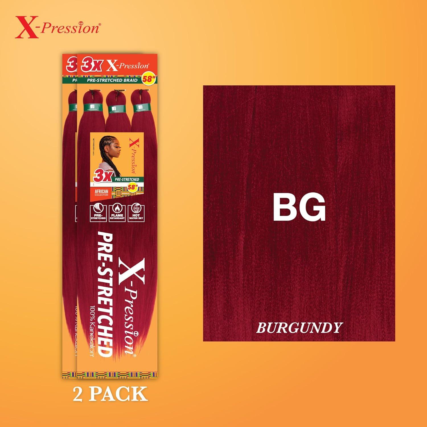 imageSensationnel Xpression prestretched braiding hair 3x braid 58 inch all kanekalon flame retardant synthetic braid for box braids and twists 1 pack 1 JETBLACKBG BURGANDY