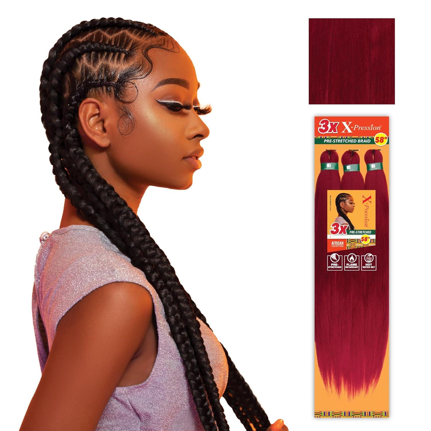 imageSensationnel Xpression prestretched braiding hair 3x braid 58 inch all kanekalon flame retardant synthetic braid for box braids and twists 1 pack 1 JETBLACKBG BURGANDY