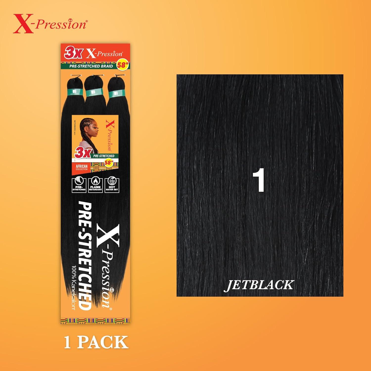 imageSensationnel Xpression prestretched braiding hair 3x braid 58 inch all kanekalon flame retardant synthetic braid for box braids and twists 1 pack 1 JETBLACK1 JETBLACK