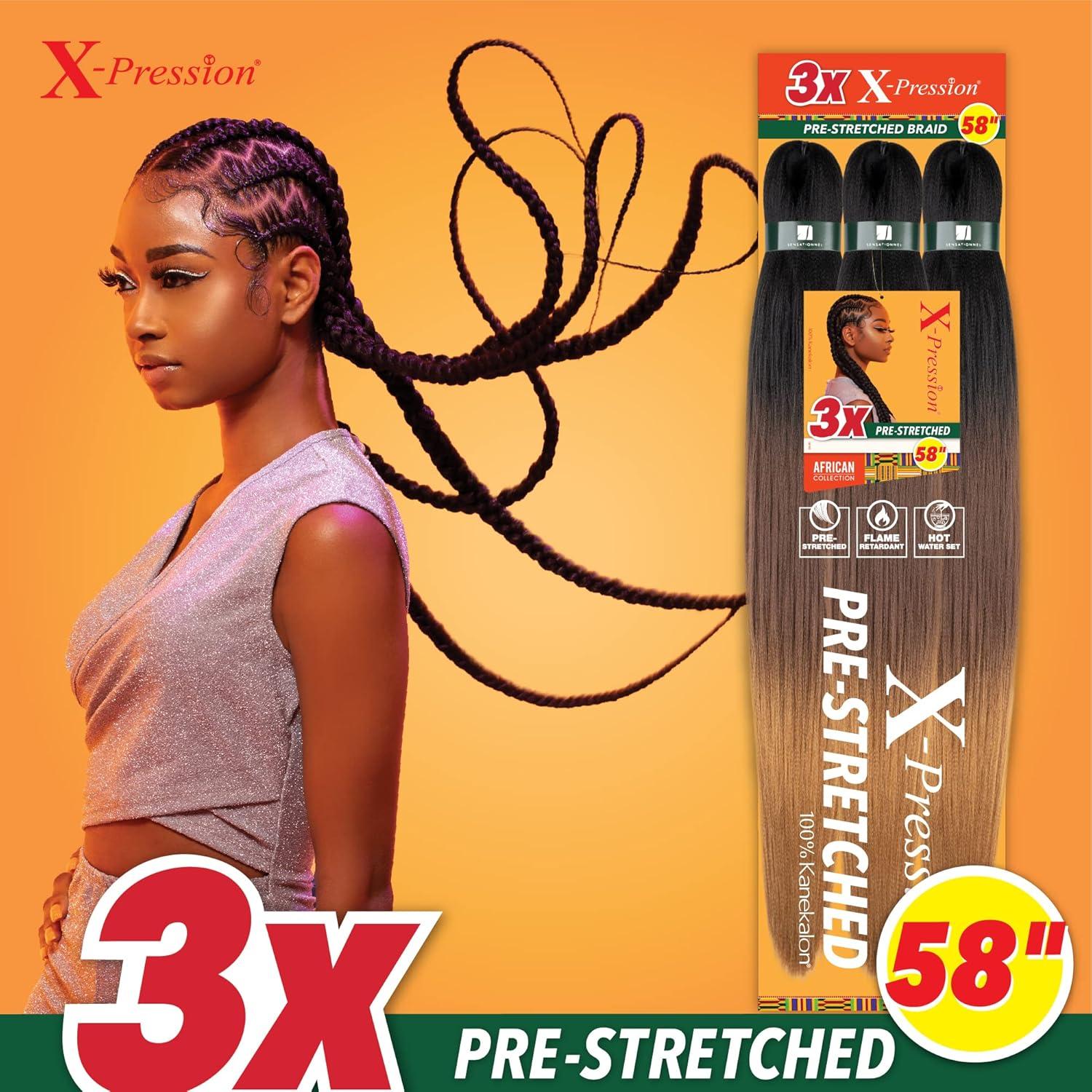 imageSensationnel Xpression prestretched braiding hair 3x braid 58 inch all kanekalon flame retardant synthetic braid for box braids and twists 1 pack 1 JETBLACKM427613