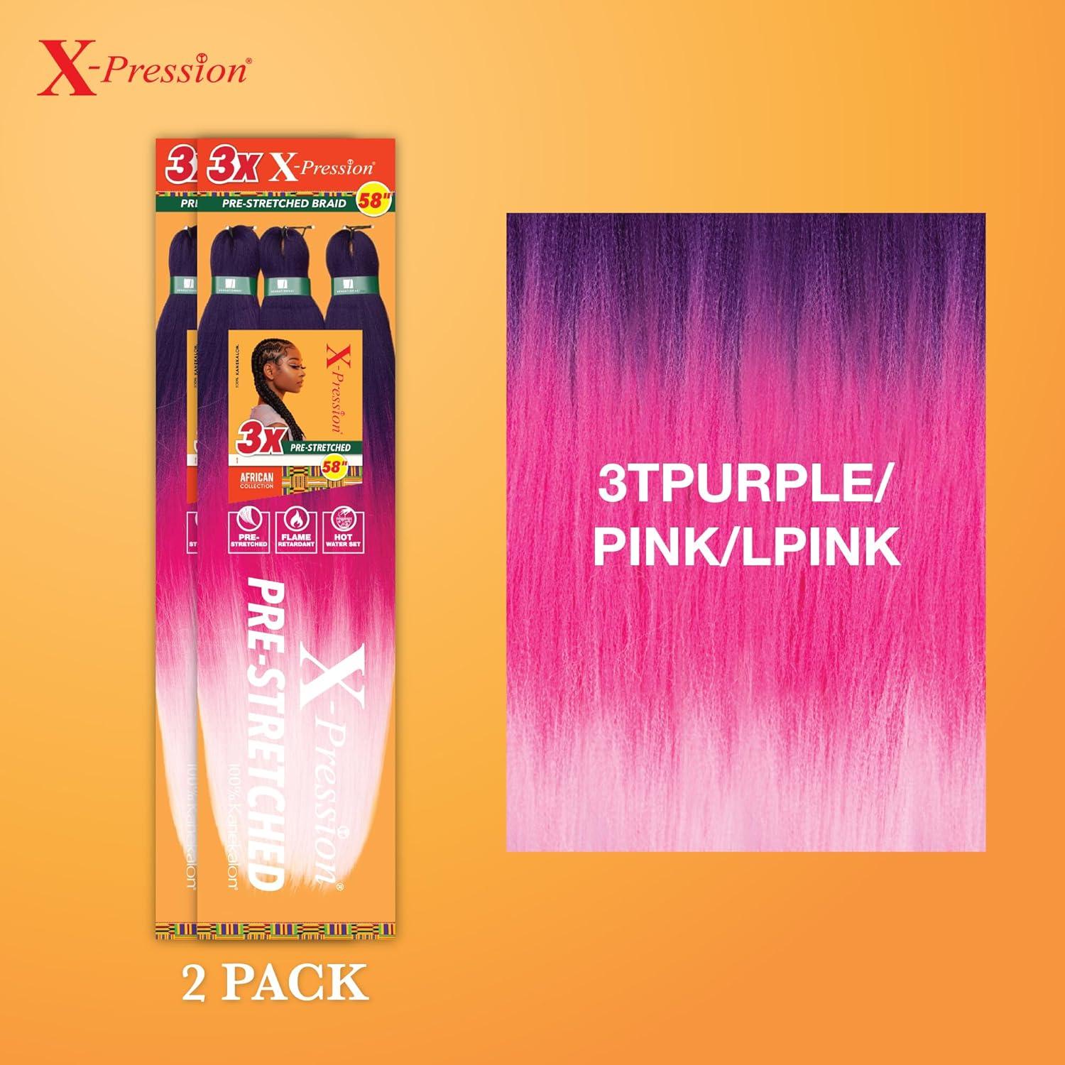 imageSensationnel Xpression prestretched braiding hair 3x braid 58 inch all kanekalon flame retardant synthetic braid for box braids and twists 1 pack 1 JETBLACK3TPURPLEPINKLPINK