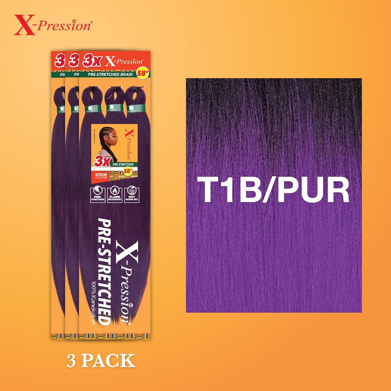 imageSensationnel Xpression prestretched braiding hair 3x braid 58 inch all kanekalon flame retardant synthetic braid for box braids and twists 1 pack 1 JETBLACKT1BPUR