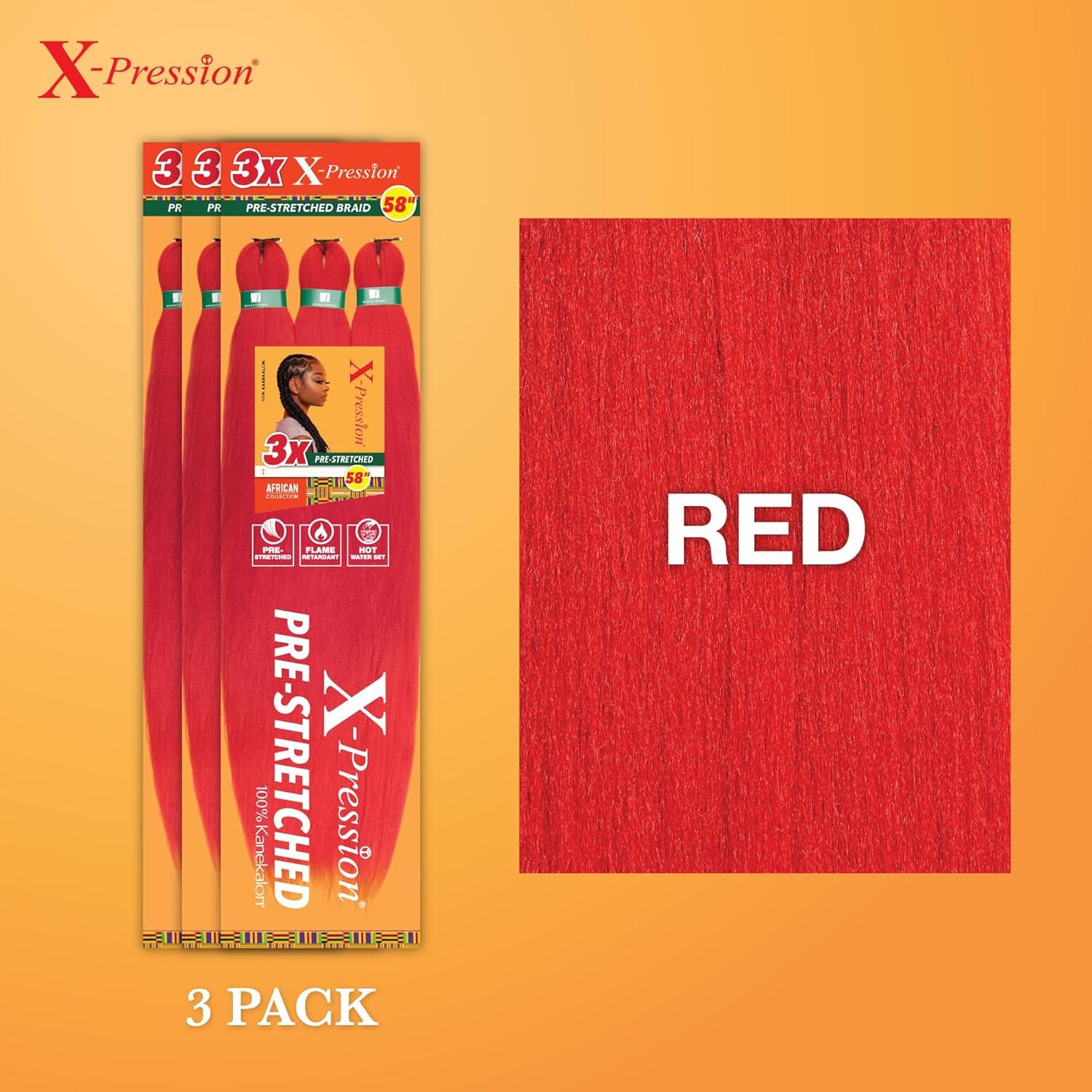 imageSensationnel Xpression prestretched braiding hair 3x braid 58 inch all kanekalon flame retardant synthetic braid for box braids and twists 1 pack 1 JETBLACKRED