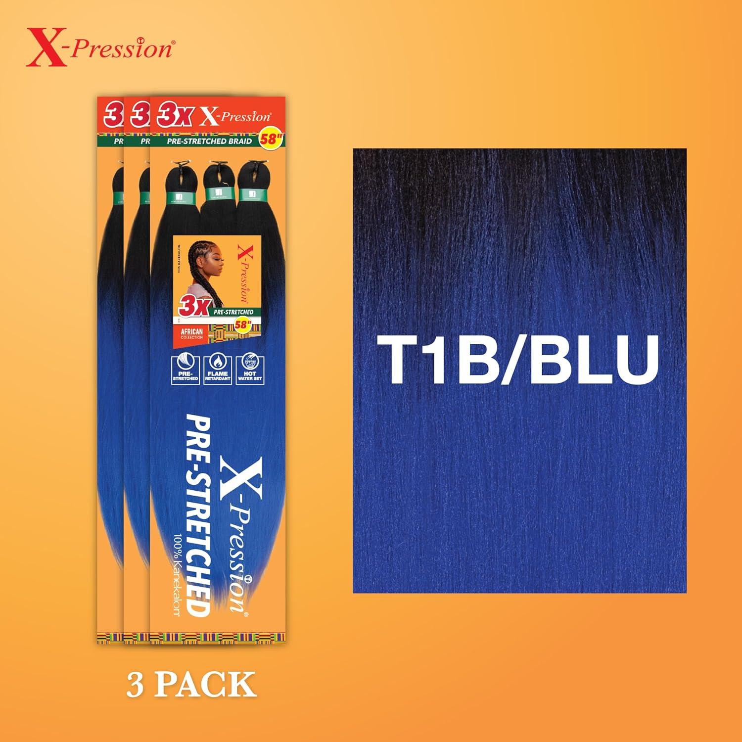 imageSensationnel Xpression prestretched braiding hair 3x braid 58 inch all kanekalon flame retardant synthetic braid for box braids and twists 1 pack 1 JETBLACKT1BBLU
