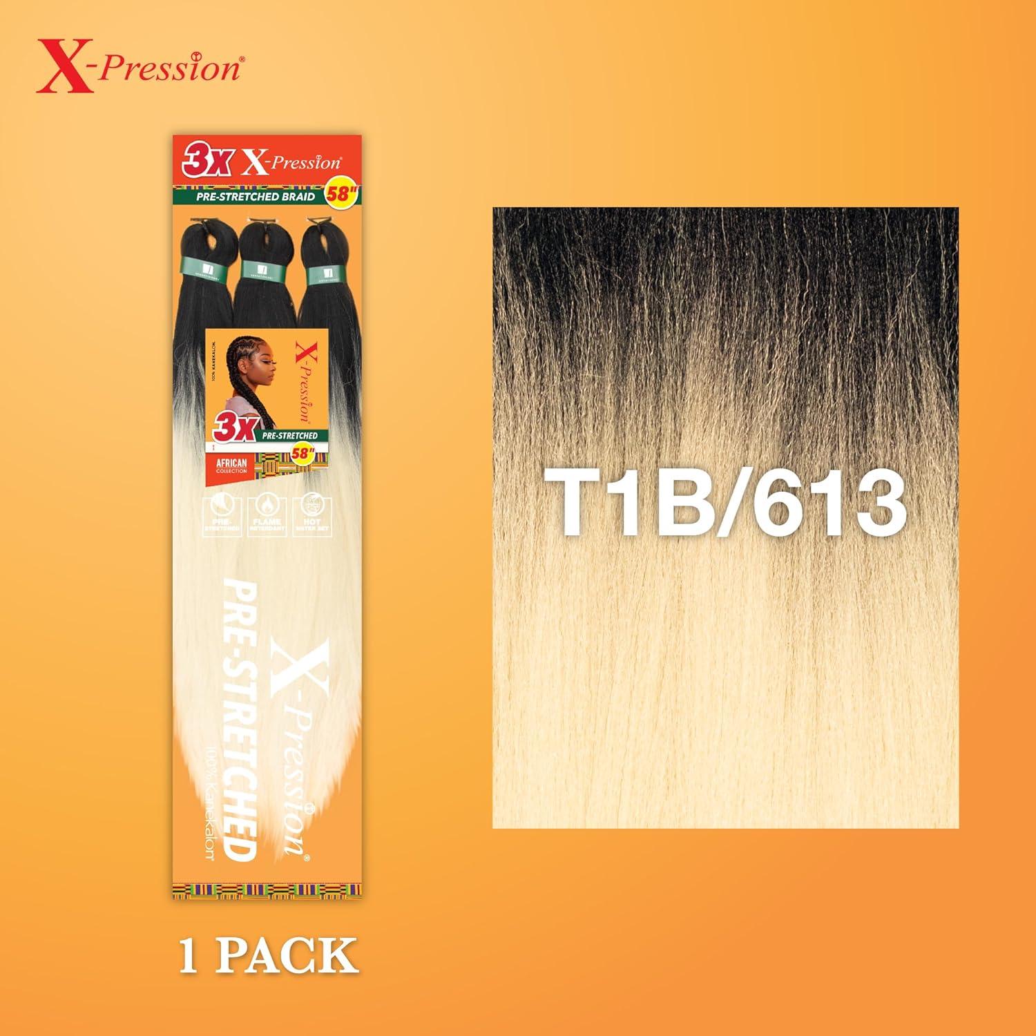 imageSensationnel Xpression prestretched braiding hair 3x braid 58 inch all kanekalon flame retardant synthetic braid for box braids and twists 1 pack 1 JETBLACKT1B613