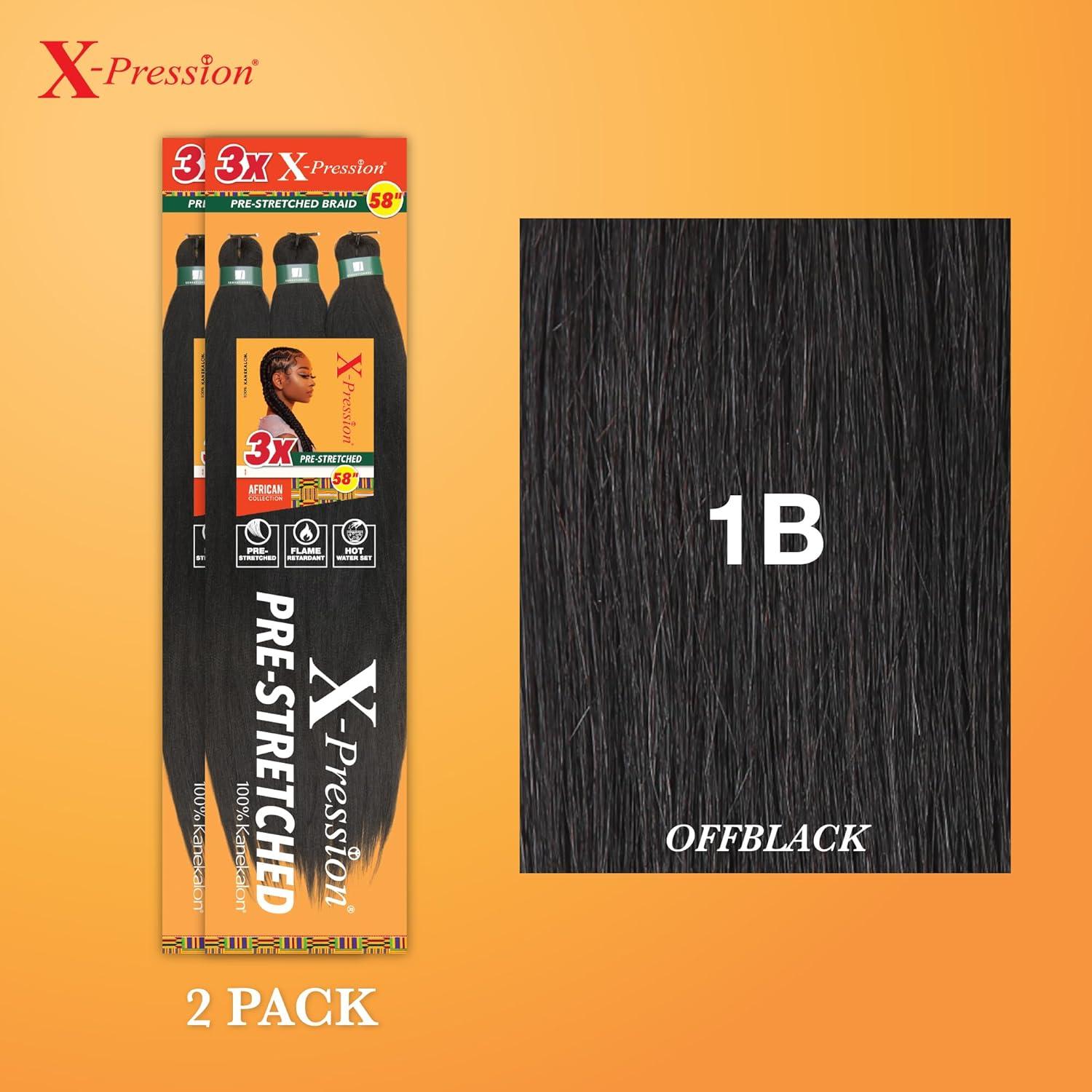 imageSensationnel Xpression prestretched braiding hair 3x braid 58 inch all kanekalon flame retardant synthetic braid for box braids and twists 1 pack 1 JETBLACK1B OFFBLACK