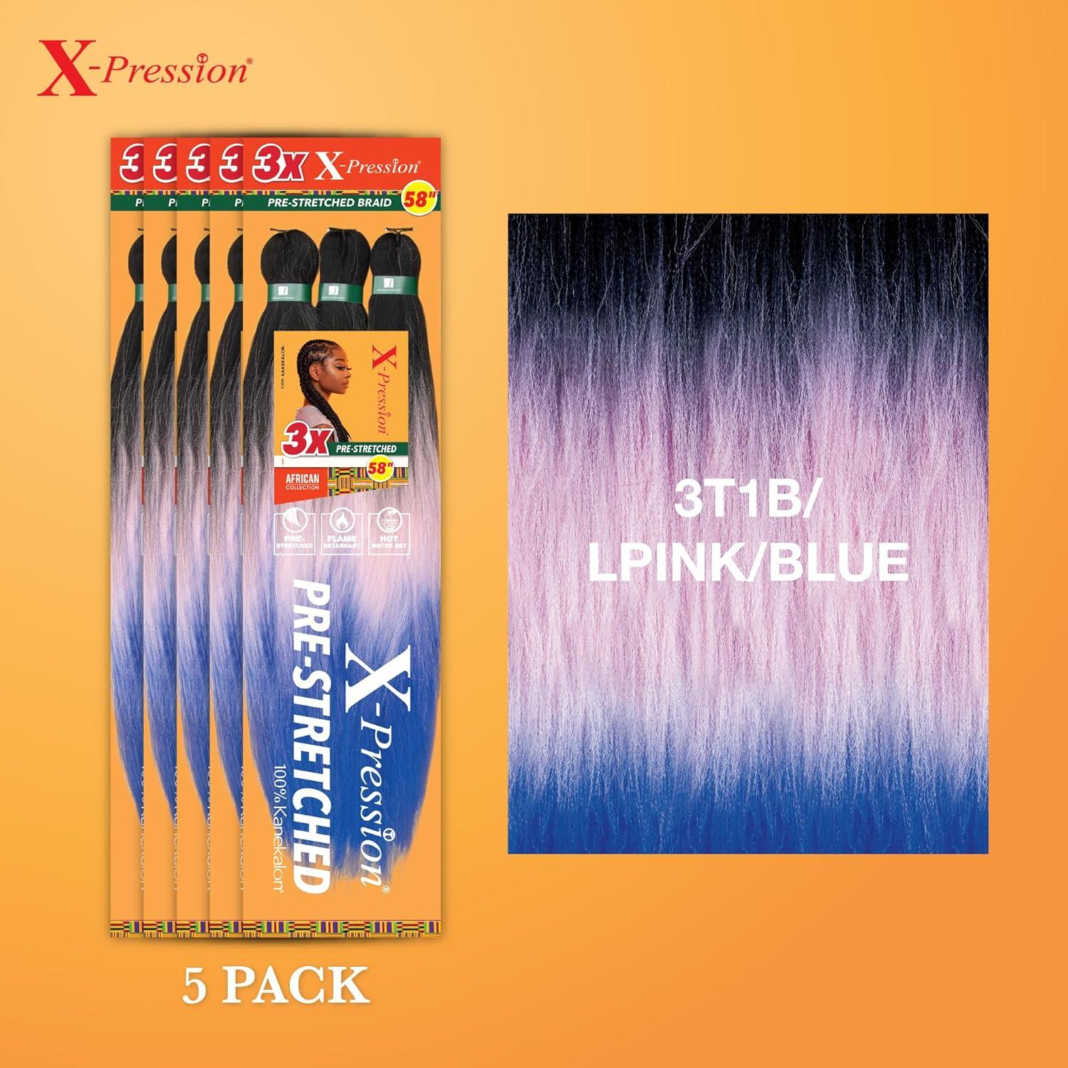 imageSensationnel Xpression prestretched braiding hair 3x braid 58 inch all kanekalon flame retardant synthetic braid for box braids and twists 1 pack 1 JETBLACK3T1BLPINKBLUE