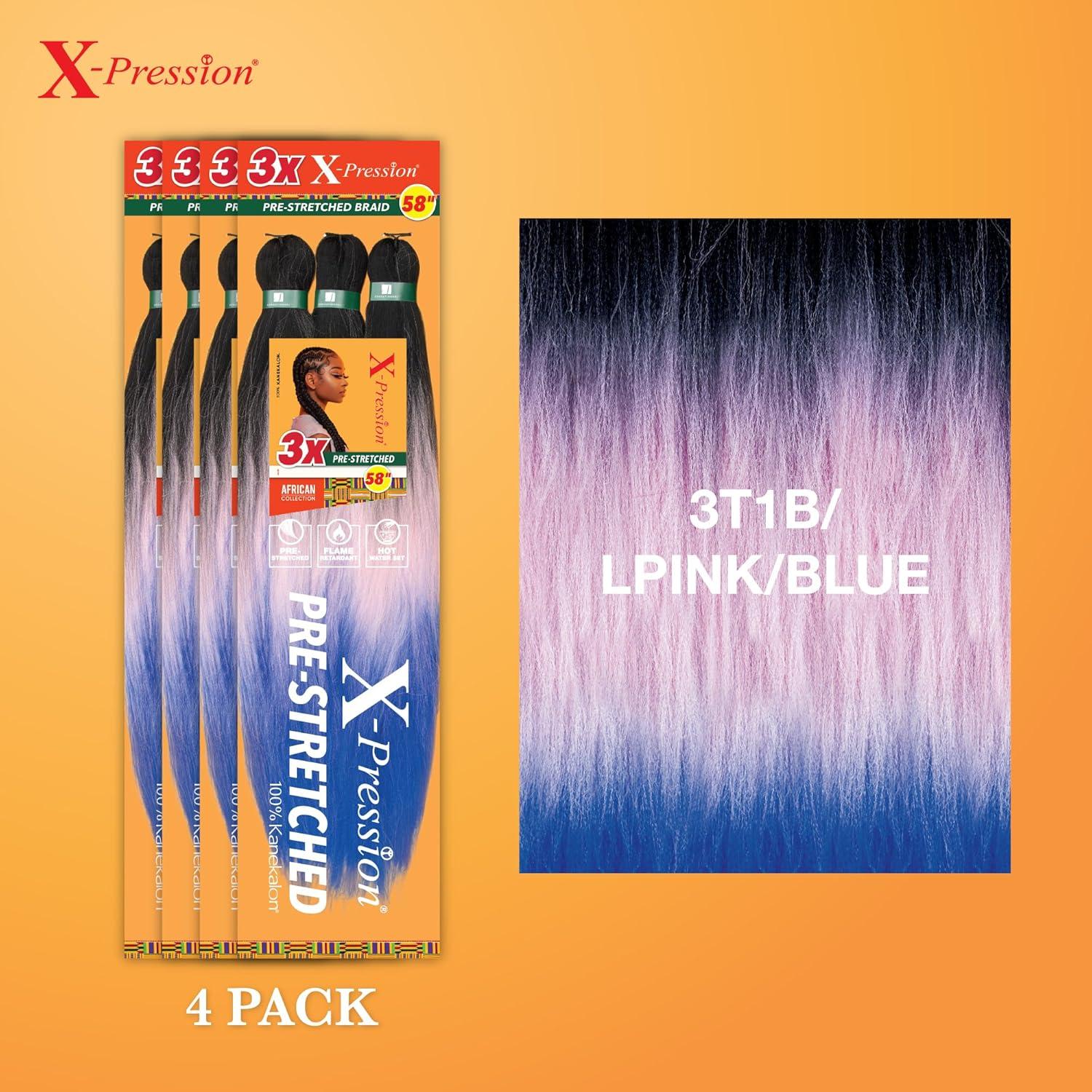 imageSensationnel Xpression prestretched braiding hair 3x braid 58 inch all kanekalon flame retardant synthetic braid for box braids and twists 1 pack 1 JETBLACK3T1BLPINKBLUE
