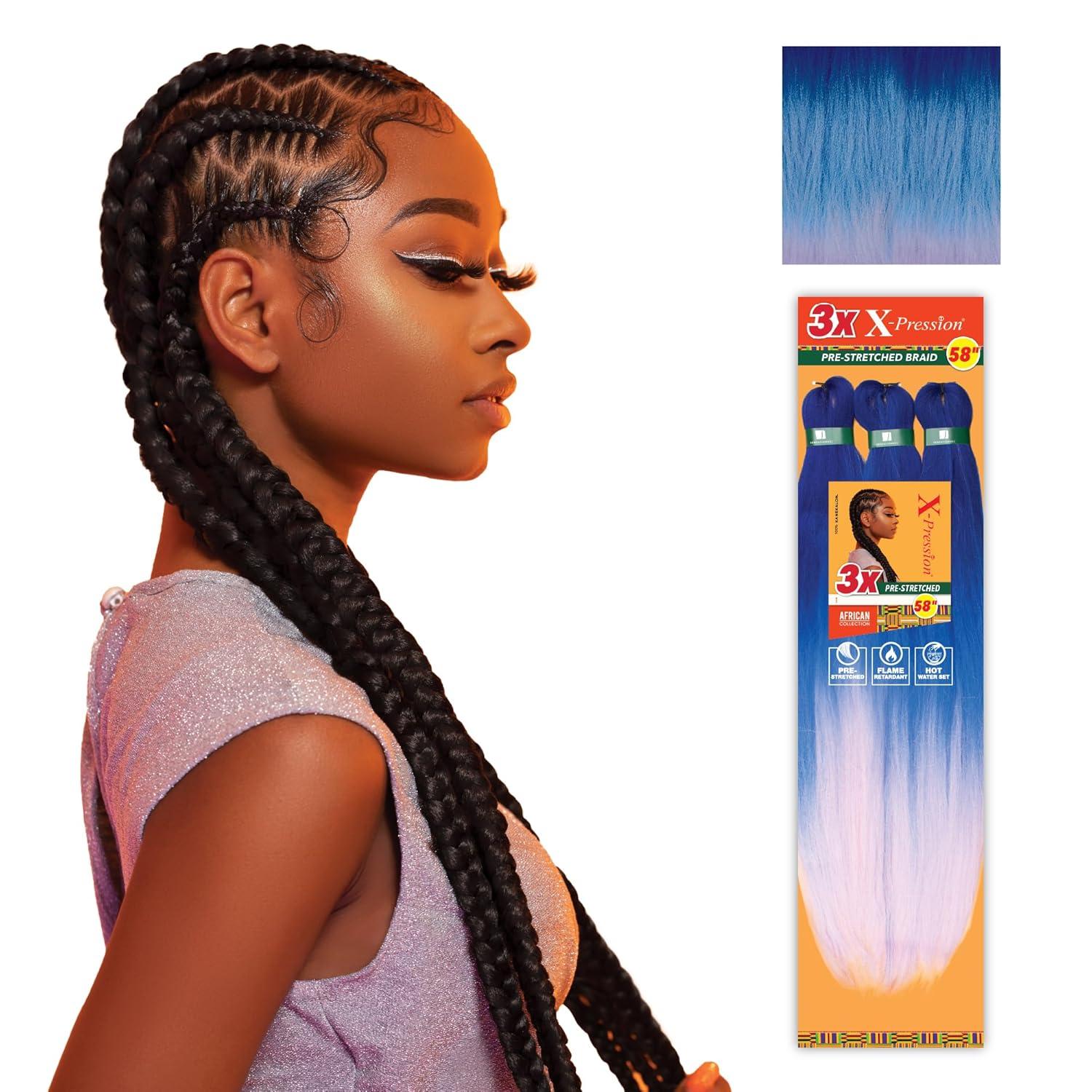 imageSensationnel Xpression prestretched braiding hair 3x braid 58 inch all kanekalon flame retardant synthetic braid for box braids and twists 1 pack 1 JETBLACK3TBLUELBLUELAVENDE