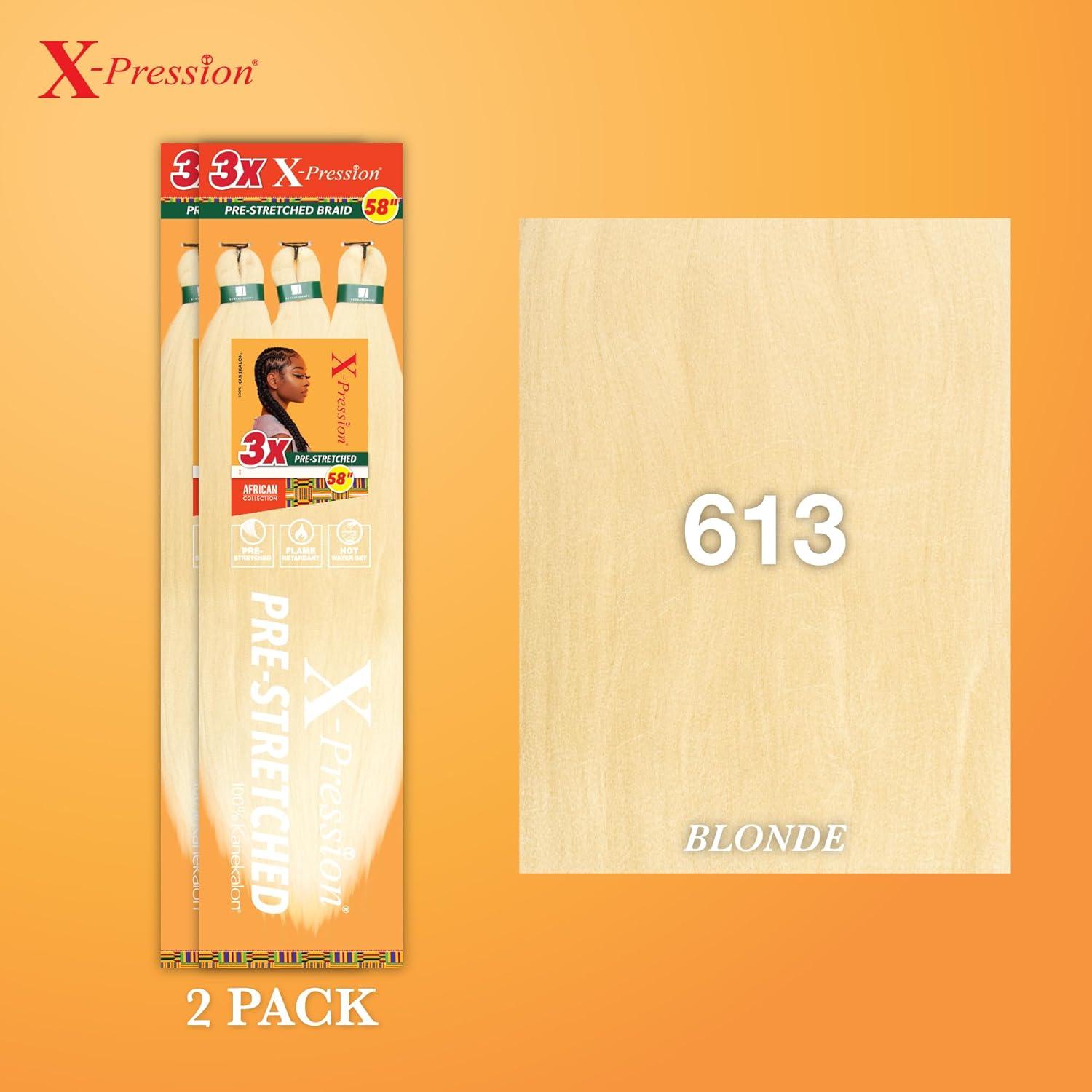 imageSensationnel Xpression prestretched braiding hair 3x braid 58 inch all kanekalon flame retardant synthetic braid for box braids and twists 1 pack 1 JETBLACK613 BLONDE