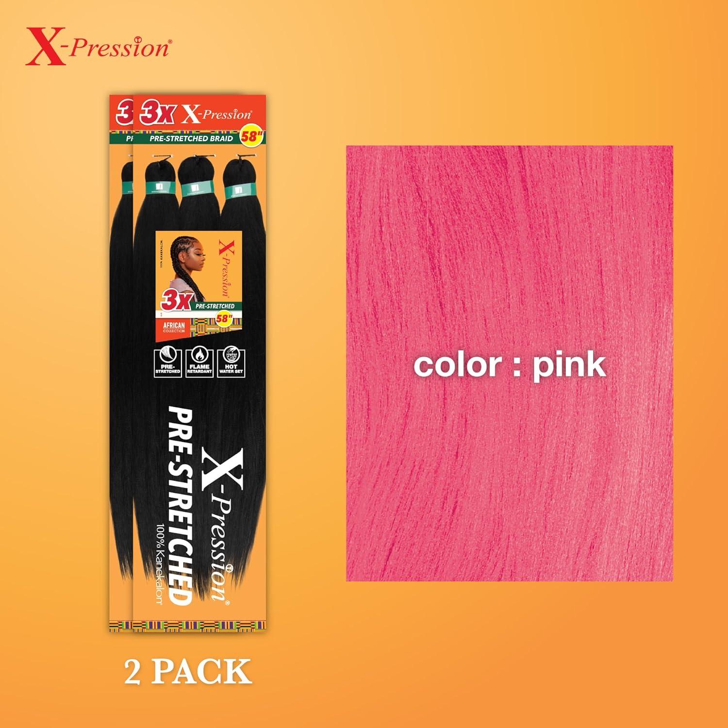 imageSensationnel Xpression prestretched braiding hair 3x braid 58 inch all kanekalon flame retardant synthetic braid for box braids and twists 1 pack 1 JETBLACKPINK