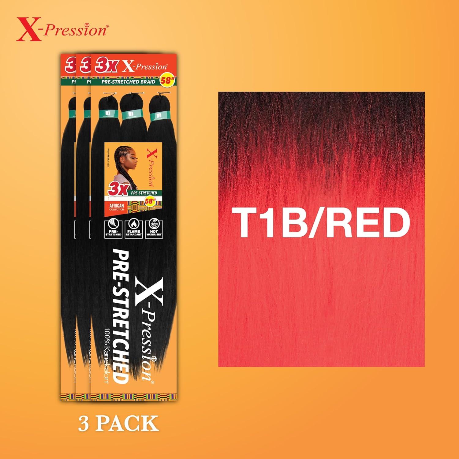 imageSensationnel Xpression prestretched braiding hair 3x braid 58 inch all kanekalon flame retardant synthetic braid for box braids and twists 1 pack 1 JETBLACKT1BRED