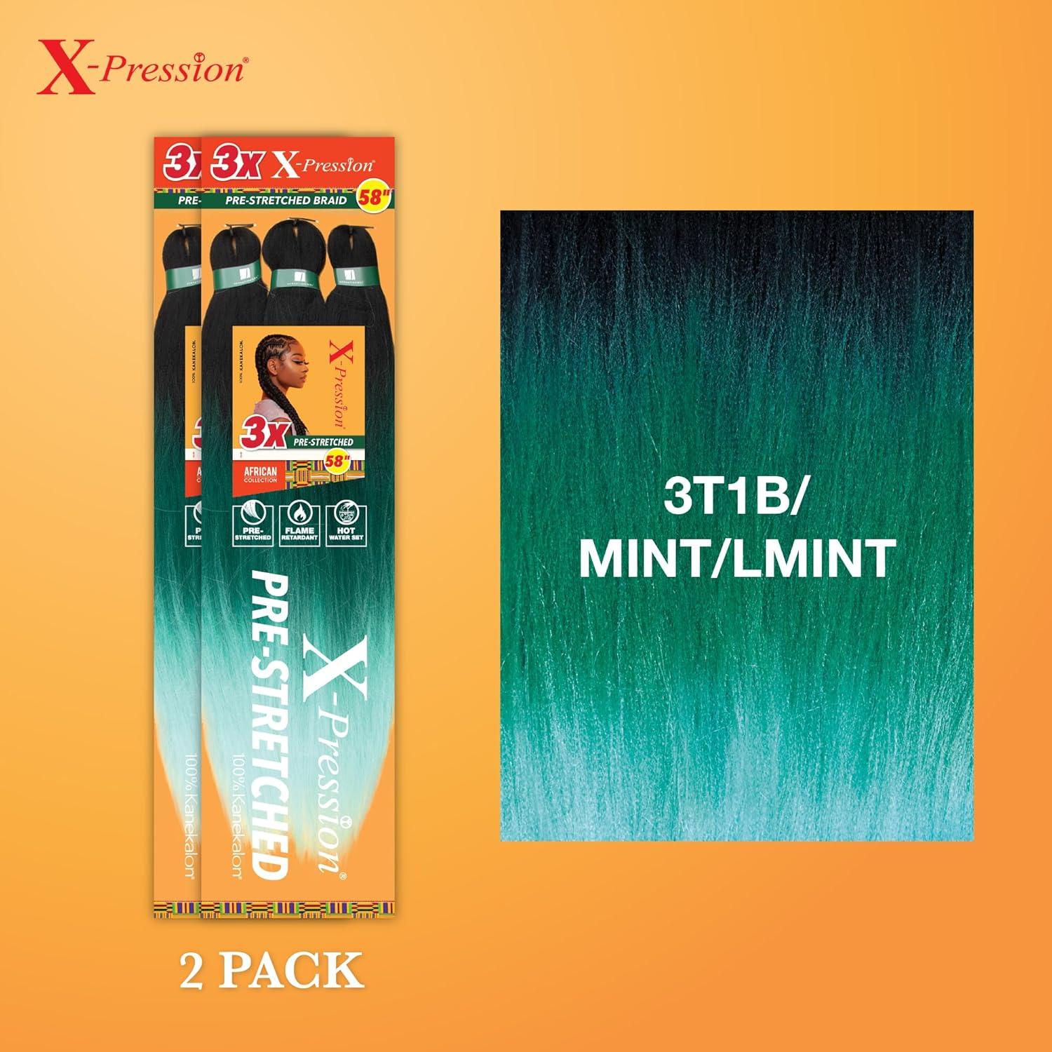 imageSensationnel Xpression prestretched braiding hair 3x braid 58 inch all kanekalon flame retardant synthetic braid for box braids and twists 1 pack 1 JETBLACK3T1BMINTLMINT