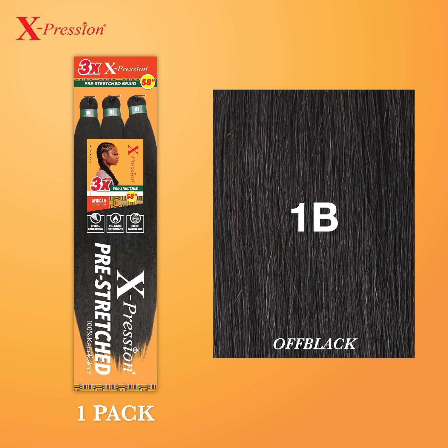 imageSensationnel Xpression prestretched braiding hair 3x braid 58 inch all kanekalon flame retardant synthetic braid for box braids and twists 1 pack 1 JETBLACK1B OFFBLACK