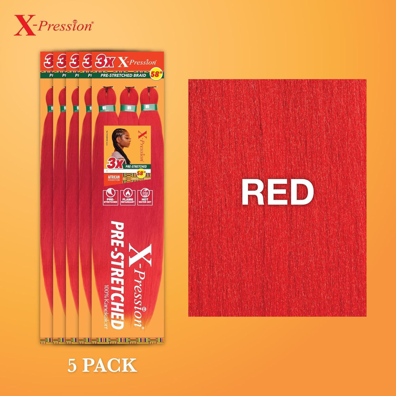 imageSensationnel Xpression prestretched braiding hair 3x braid 58 inch all kanekalon flame retardant synthetic braid for box braids and twists 1 pack 1 JETBLACKRED