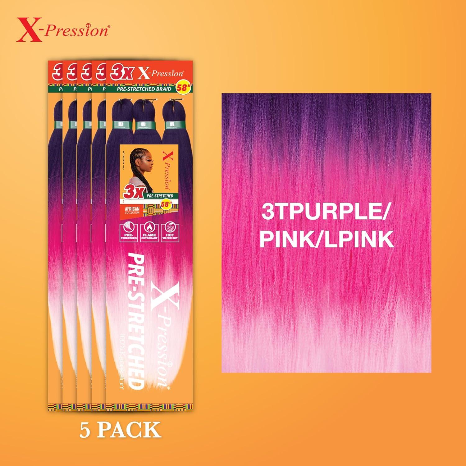 imageSensationnel Xpression prestretched braiding hair 3x braid 58 inch all kanekalon flame retardant synthetic braid for box braids and twists 1 pack 1 JETBLACK3TPURPLEPINKLPINK