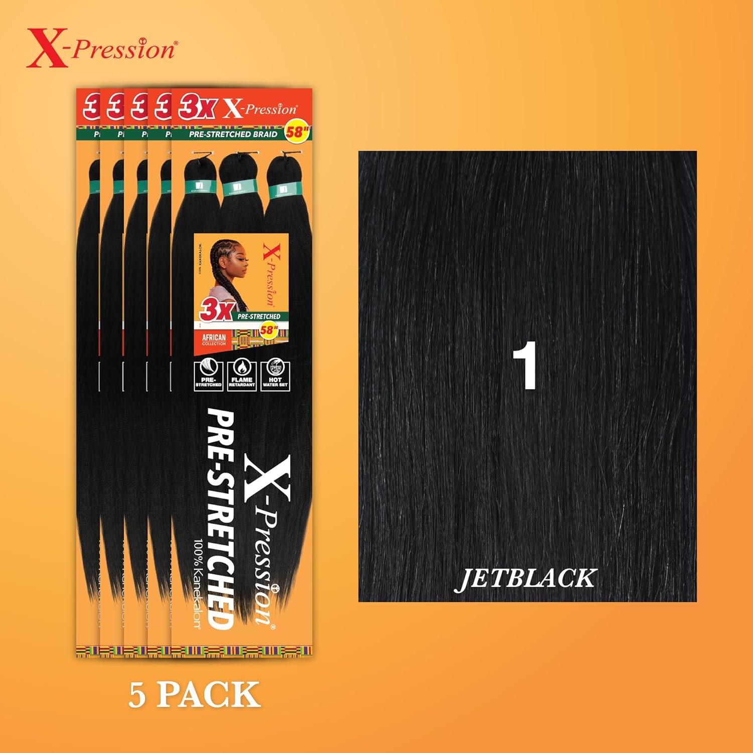imageSensationnel Xpression prestretched braiding hair 3x braid 58 inch all kanekalon flame retardant synthetic braid for box braids and twists 1 pack 1 JETBLACK1 JETBLACK