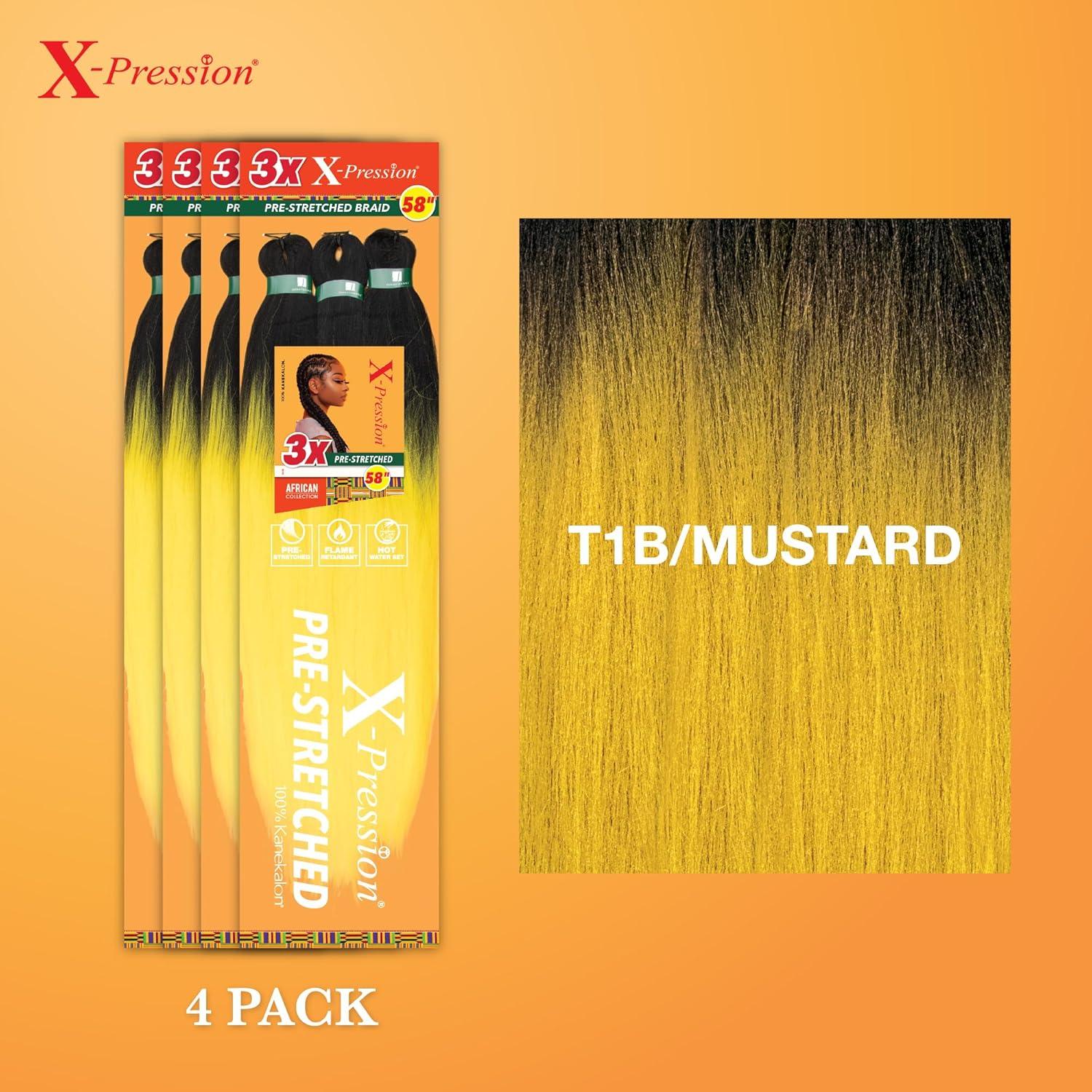 imageSensationnel Xpression prestretched braiding hair 3x braid 58 inch all kanekalon flame retardant synthetic braid for box braids and twists 1 pack 1 JETBLACKT1BMUSTARD