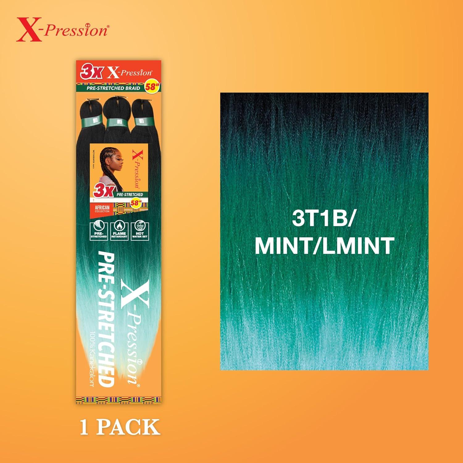 imageSensationnel Xpression prestretched braiding hair 3x braid 58 inch all kanekalon flame retardant synthetic braid for box braids and twists 1 pack 1 JETBLACK3T1BMINTLMINT