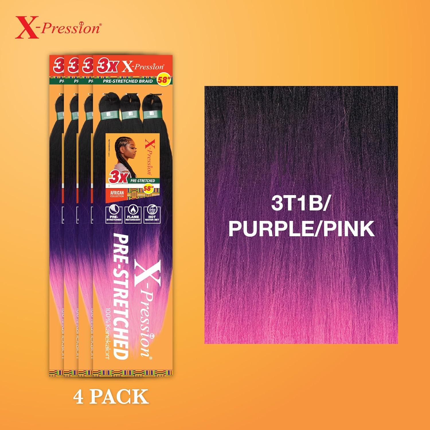 imageSensationnel Xpression prestretched braiding hair 3x braid 58 inch all kanekalon flame retardant synthetic braid for box braids and twists 1 pack 1 JETBLACK3T1BPURPLEPINK