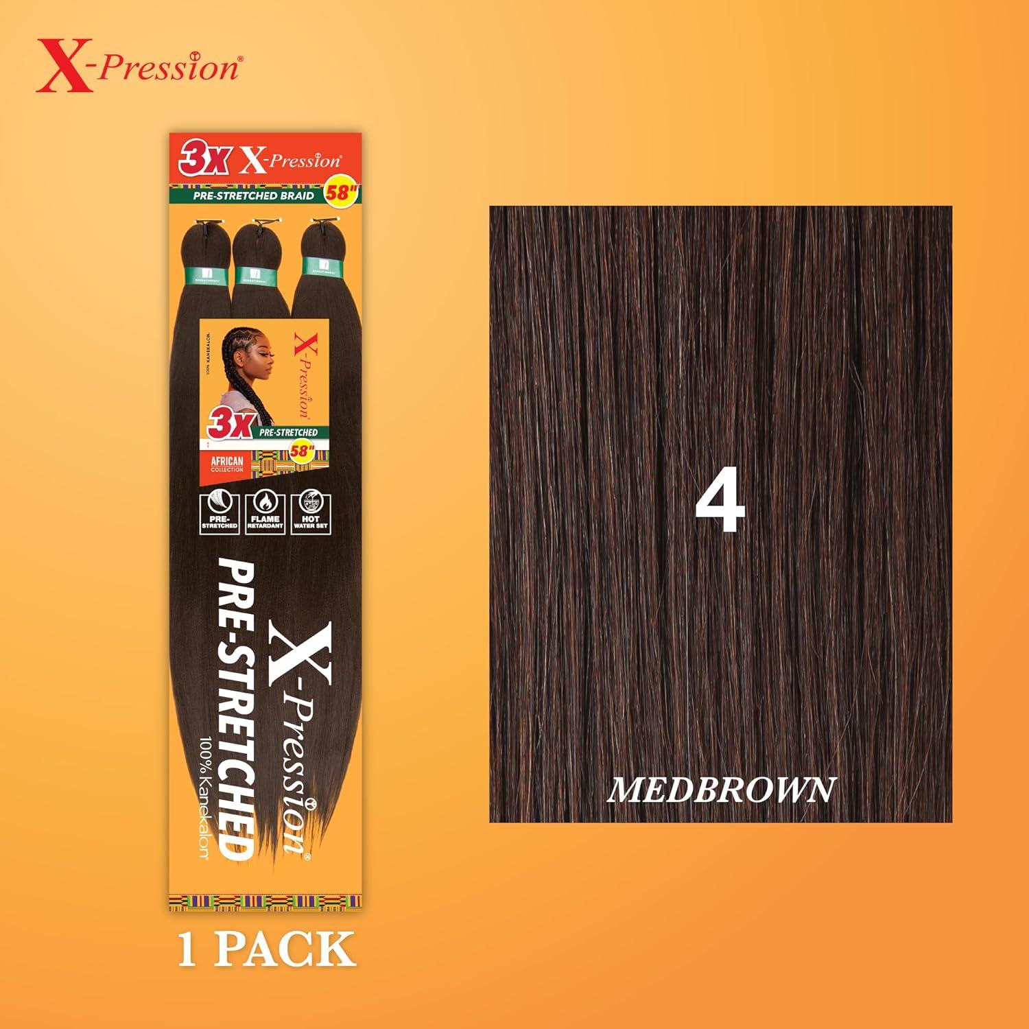 imageSensationnel Xpression prestretched braiding hair 3x braid 58 inch all kanekalon flame retardant synthetic braid for box braids and twists 1 pack 1 JETBLACK4 MEDBROWN