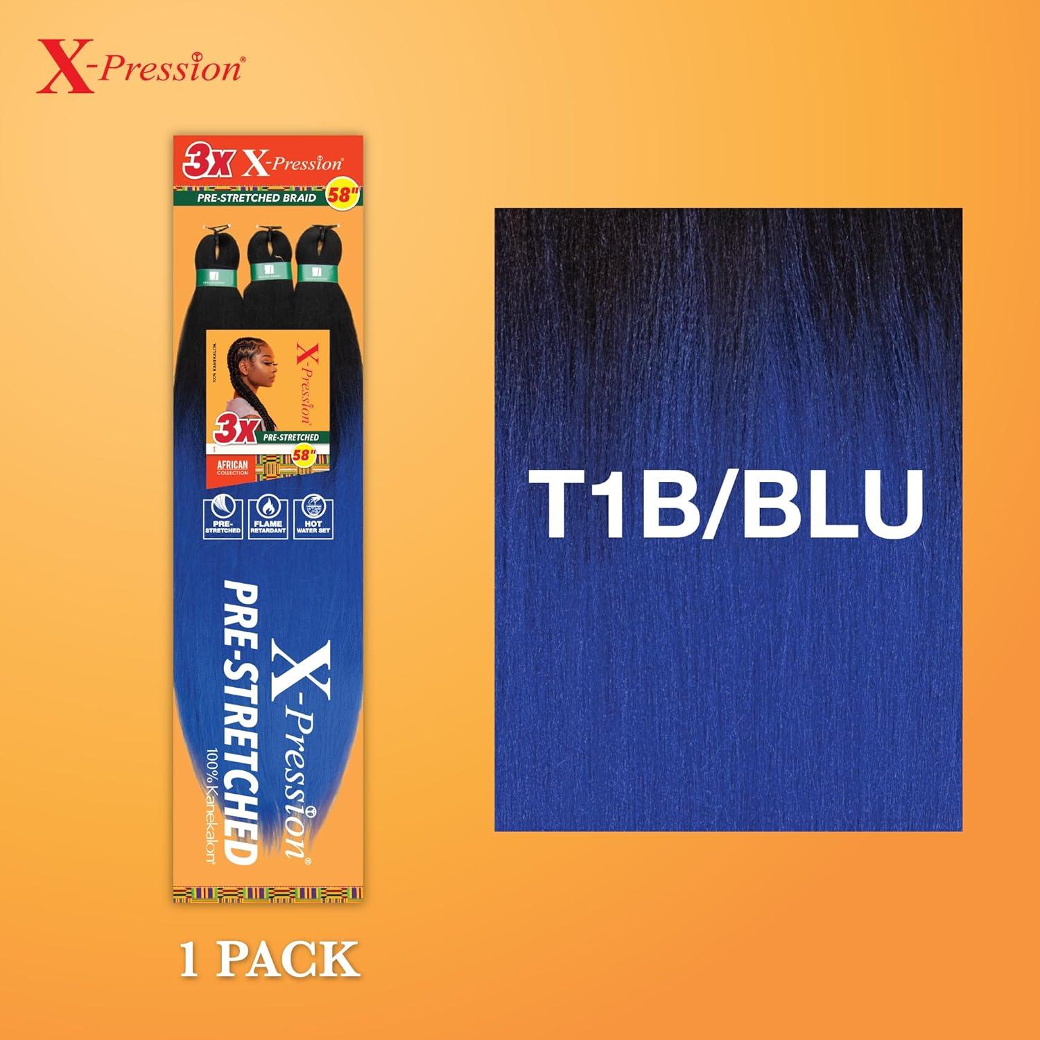 imageSensationnel Xpression prestretched braiding hair 3x braid 58 inch all kanekalon flame retardant synthetic braid for box braids and twists 1 pack 1 JETBLACKT1BBLU