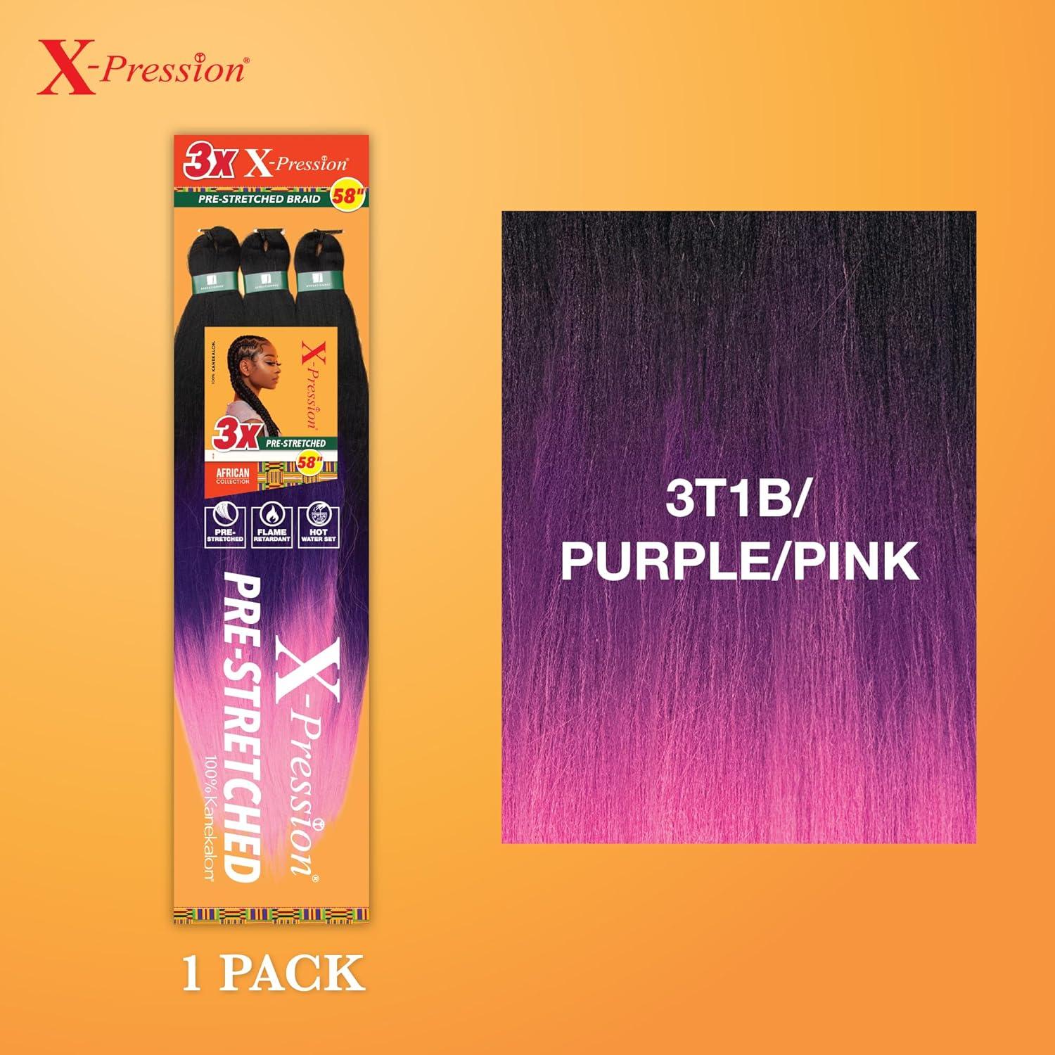 imageSensationnel Xpression prestretched braiding hair 3x braid 58 inch all kanekalon flame retardant synthetic braid for box braids and twists 1 pack 1 JETBLACK3T1BPURPLEPINK