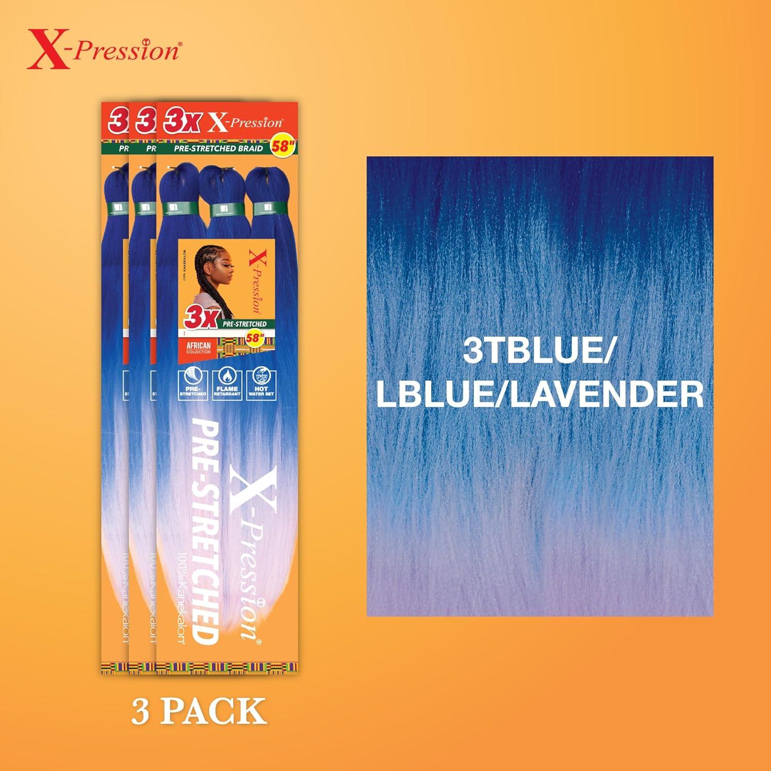 imageSensationnel Xpression prestretched braiding hair 3x braid 58 inch all kanekalon flame retardant synthetic braid for box braids and twists 1 pack 1 JETBLACK3TBLUELBLUELAVENDE