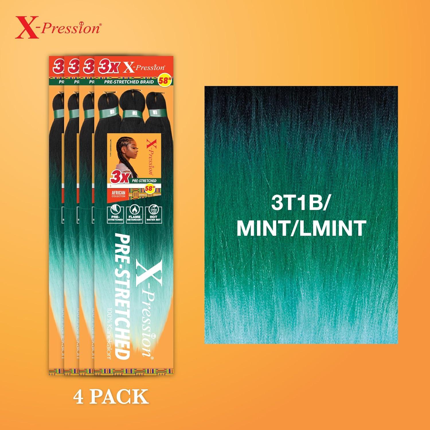 imageSensationnel Xpression prestretched braiding hair 3x braid 58 inch all kanekalon flame retardant synthetic braid for box braids and twists 1 pack 1 JETBLACK3T1BMINTLMINT