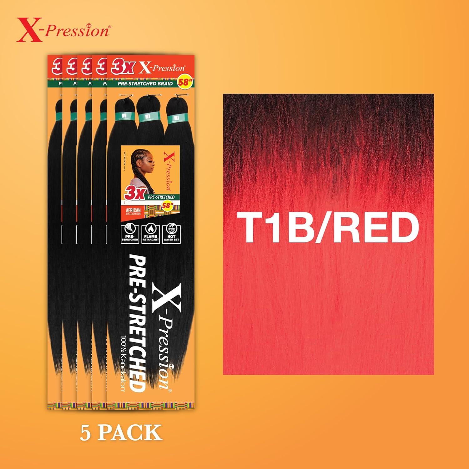 imageSensationnel Xpression prestretched braiding hair 3x braid 58 inch all kanekalon flame retardant synthetic braid for box braids and twists 1 pack 1 JETBLACKT1BRED