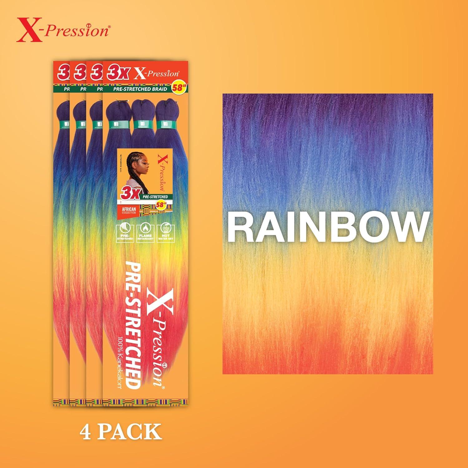 imageSensationnel Xpression prestretched braiding hair 3x braid 58 inch all kanekalon flame retardant synthetic braid for box braids and twists 1 pack 1 JETBLACKRAINBOW