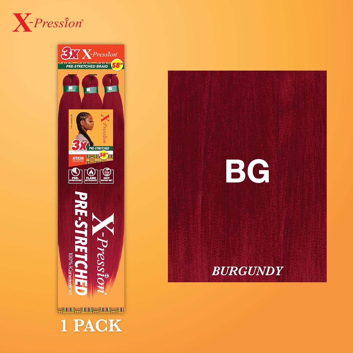 imageSensationnel Xpression prestretched braiding hair 3x braid 58 inch all kanekalon flame retardant synthetic braid for box braids and twists 1 pack 1 JETBLACKBG BURGANDY