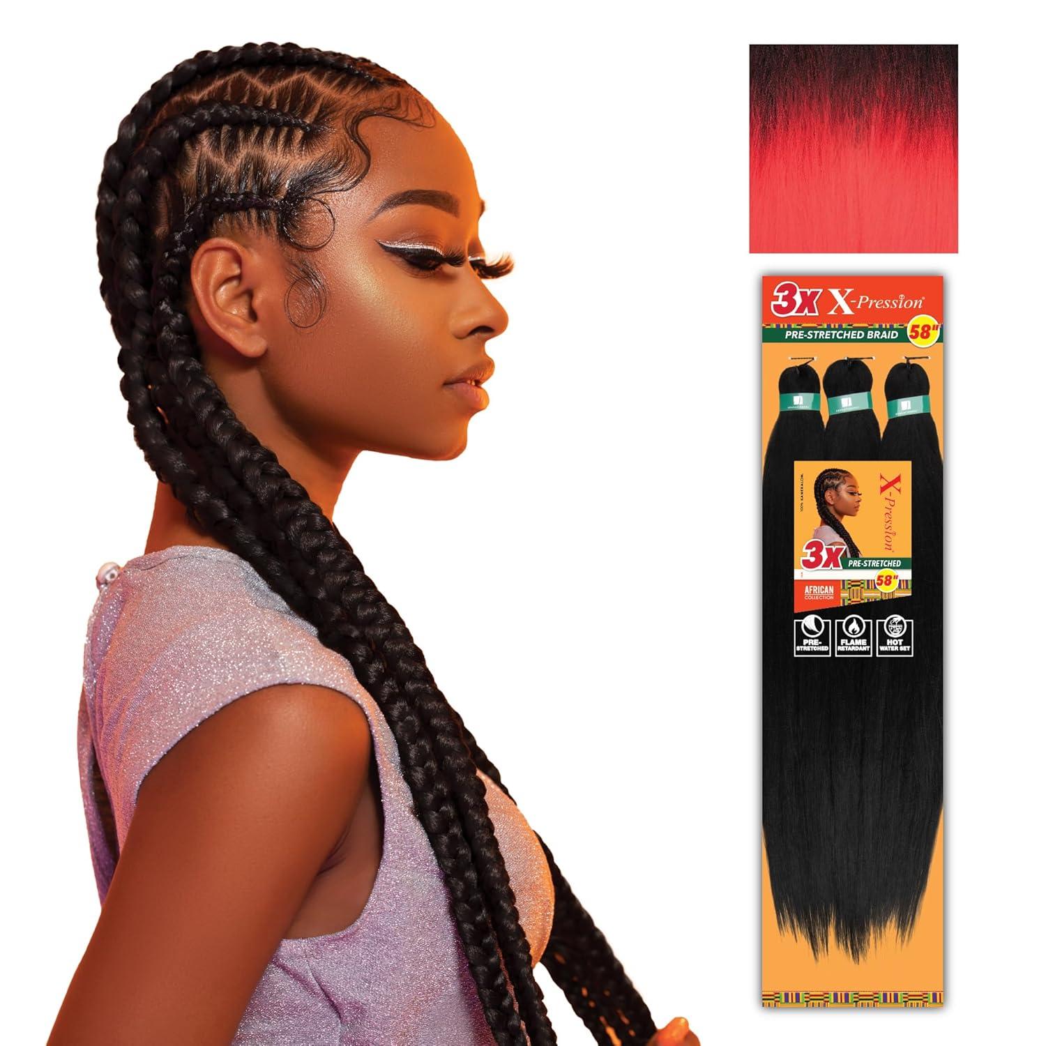 imageSensationnel Xpression prestretched braiding hair 3x braid 58 inch all kanekalon flame retardant synthetic braid for box braids and twists 1 pack 1 JETBLACKT1BRED
