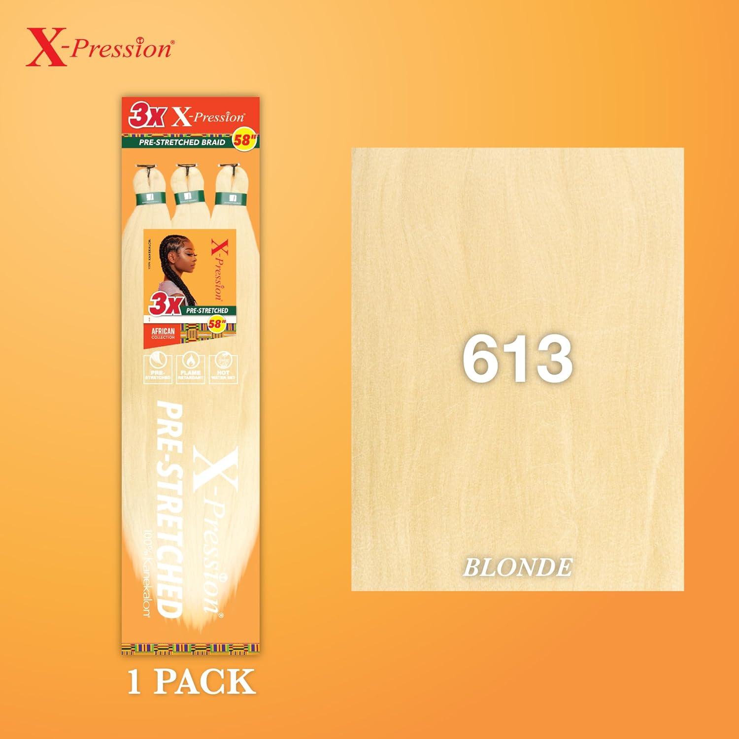 imageSensationnel Xpression prestretched braiding hair 3x braid 58 inch all kanekalon flame retardant synthetic braid for box braids and twists 1 pack 1 JETBLACK613 BLONDE