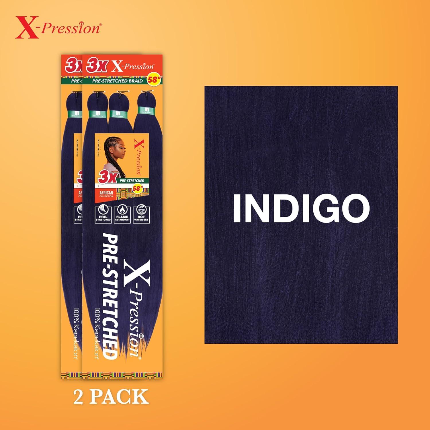 imageSensationnel Xpression prestretched braiding hair 3x braid 58 inch all kanekalon flame retardant synthetic braid for box braids and twists 1 pack 1 JETBLACKINDIGO