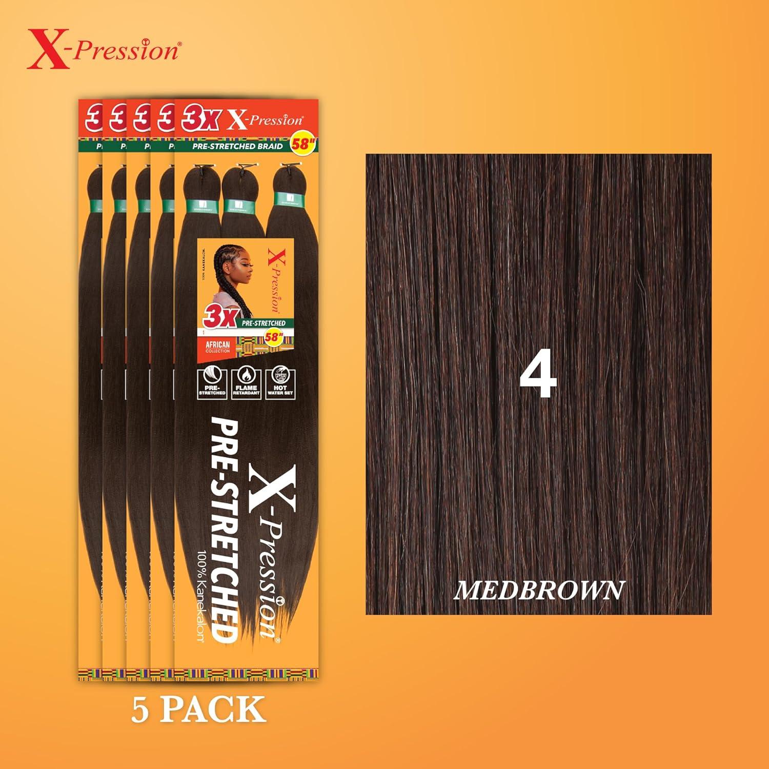 imageSensationnel Xpression prestretched braiding hair 3x braid 58 inch all kanekalon flame retardant synthetic braid for box braids and twists 1 pack 1 JETBLACK4 MEDBROWN