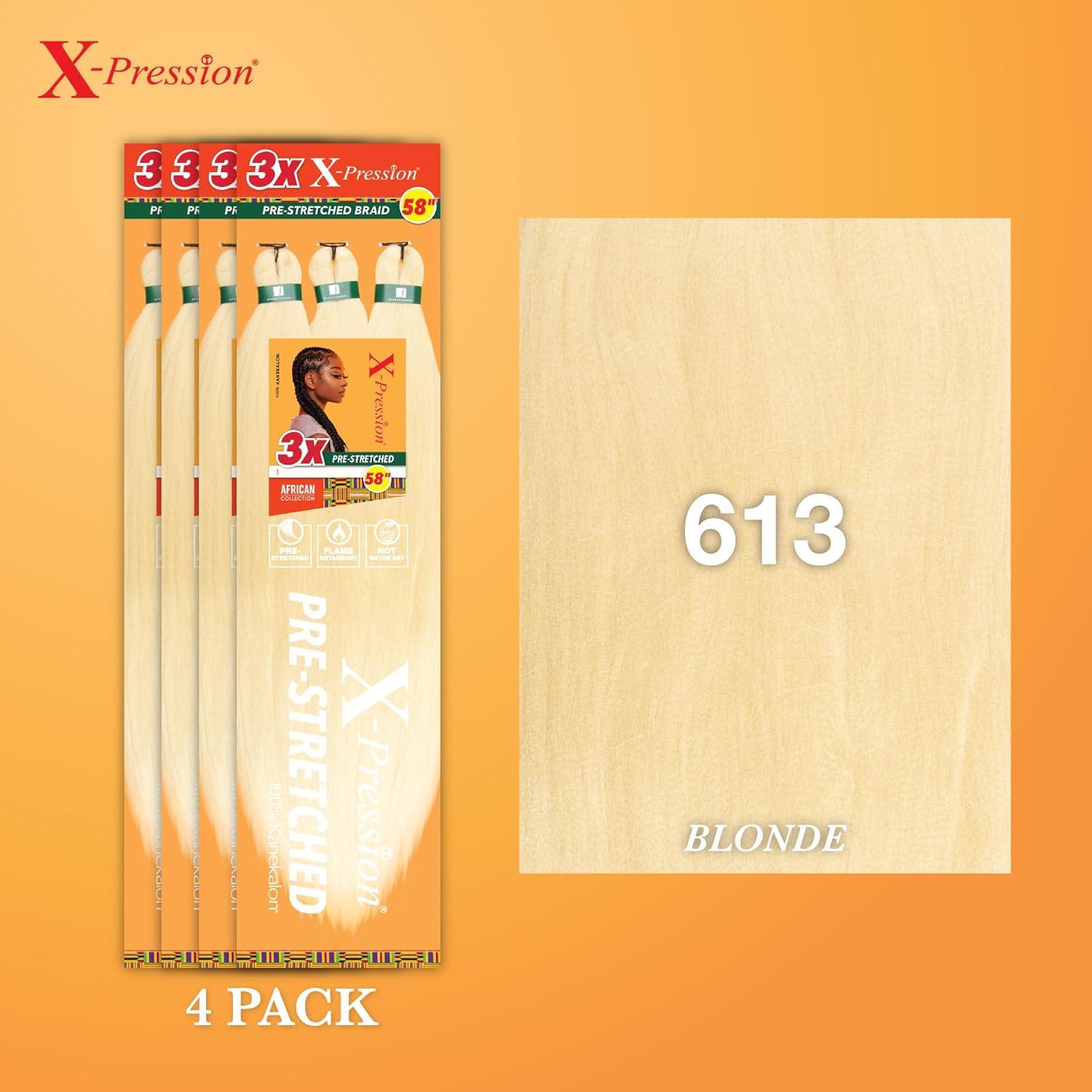 imageSensationnel Xpression prestretched braiding hair 3x braid 58 inch all kanekalon flame retardant synthetic braid for box braids and twists 1 pack 1 JETBLACK613 BLONDE